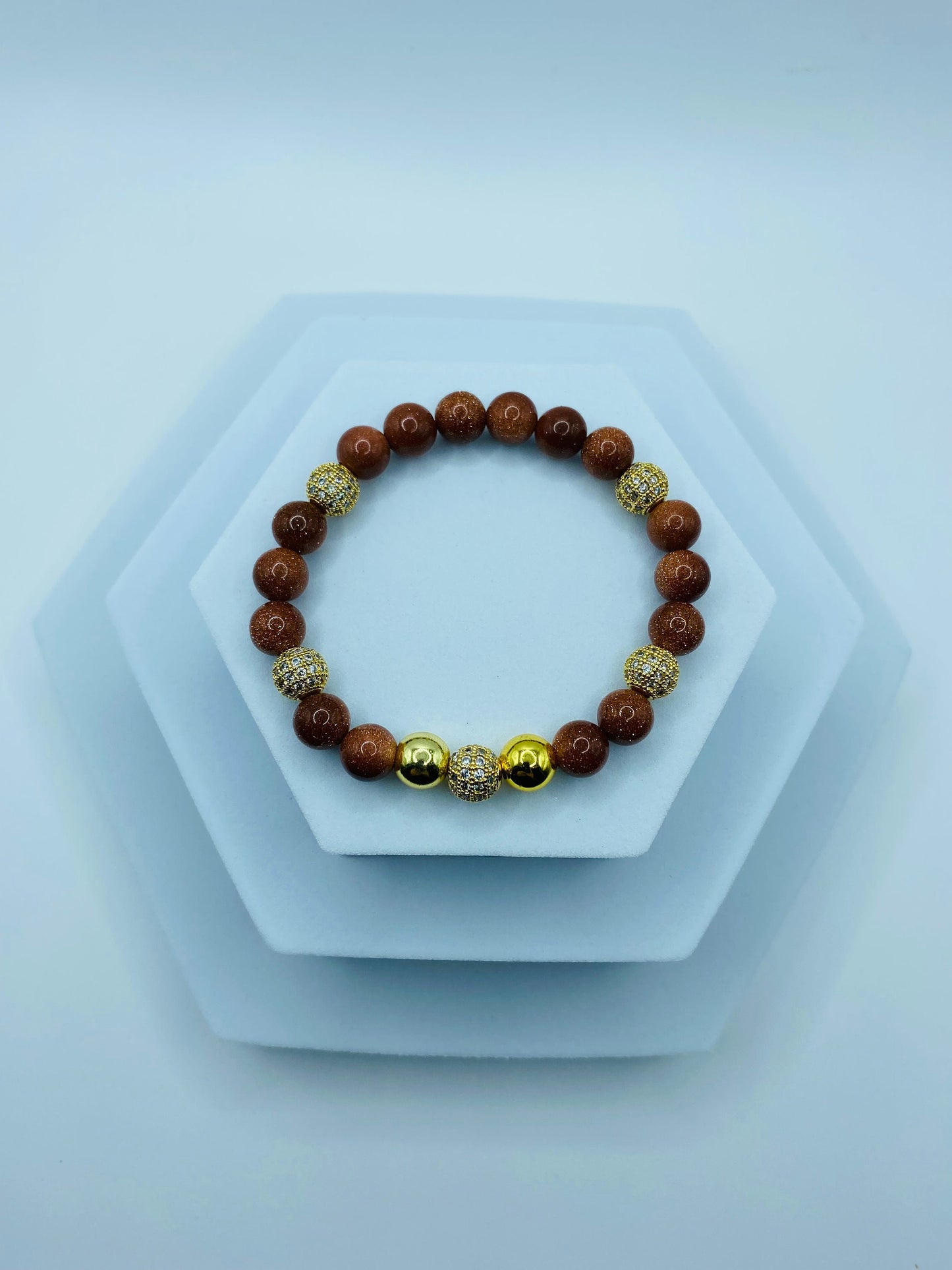 Goldstone Beaded Bracelet: 18k Gold Plated Hematite & CZ Crystals