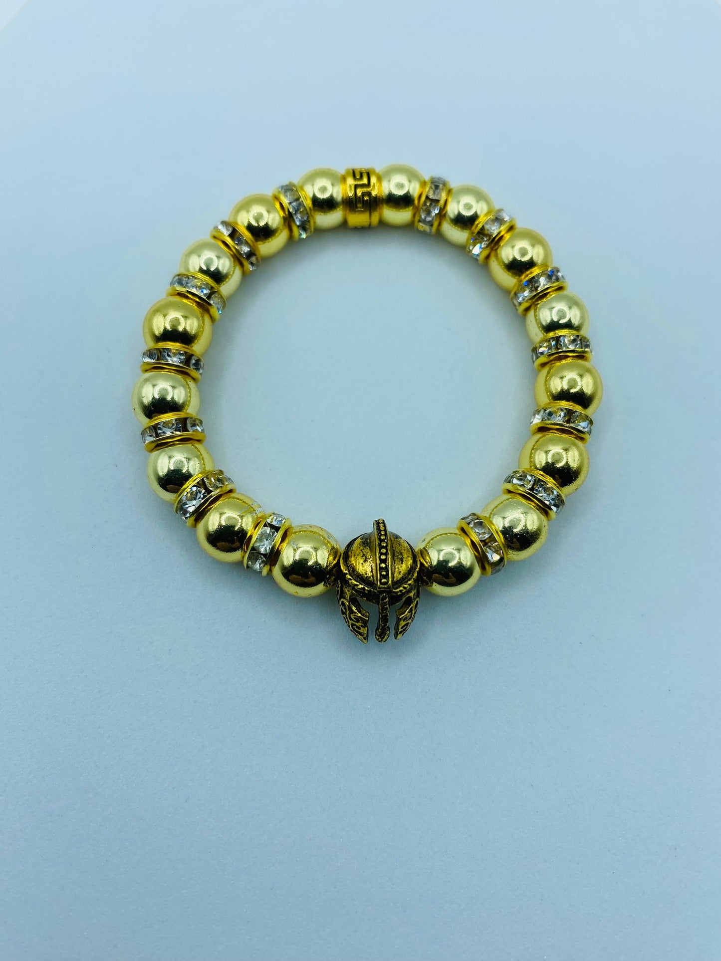 Mens Gold Hematite Bracelet: Spartan Helmet Charm, Rhinestone Rondelle Accents