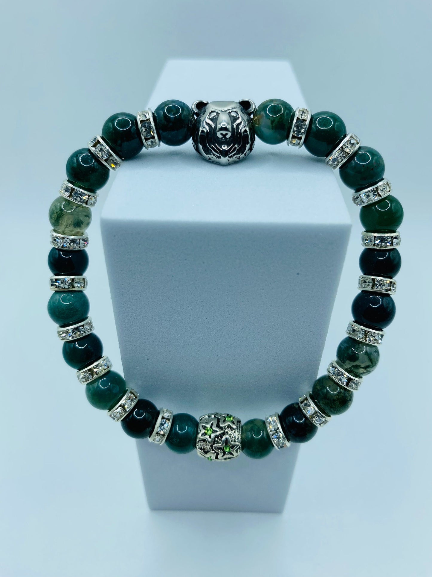 Mens Moss Agate Beaded Bracelet with Stainless Steel Bear Charm