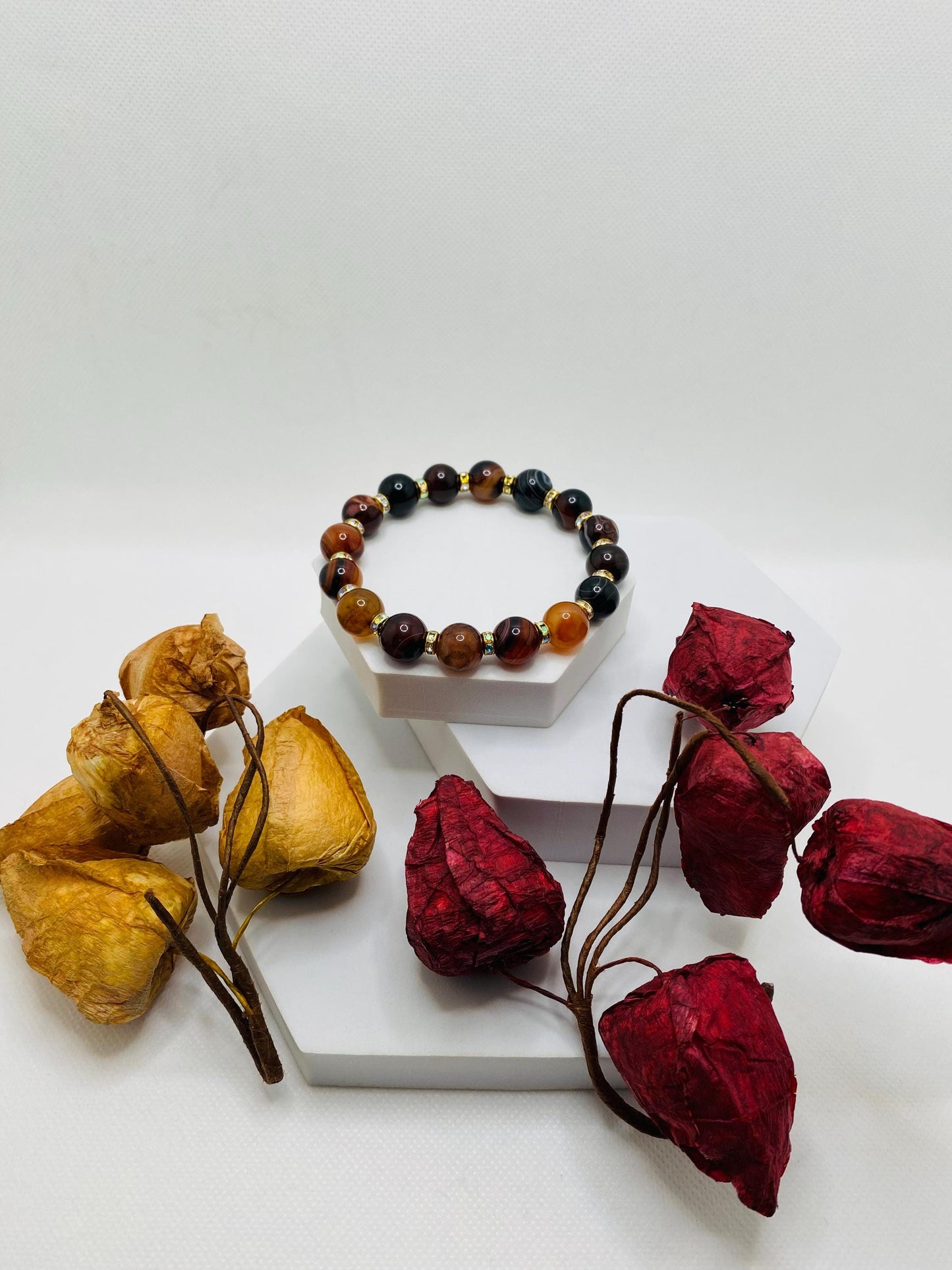 Red Dream Agate Gemstone Bracelet: Chunky Rhinestone Rondelle Jewelry