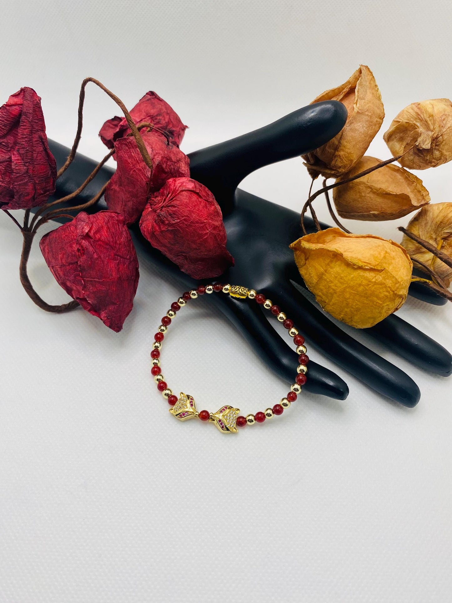 Fox Charm Bracelet: Carnelian, Gold Hematite & Cubic Zirconia