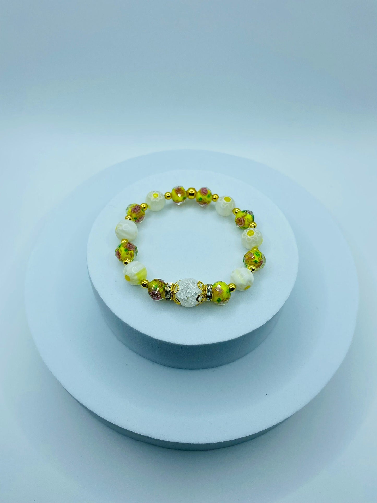 Lampwork Glass Bead Bracelet: Boho Floral Jewelry, Gold Hematite Accent