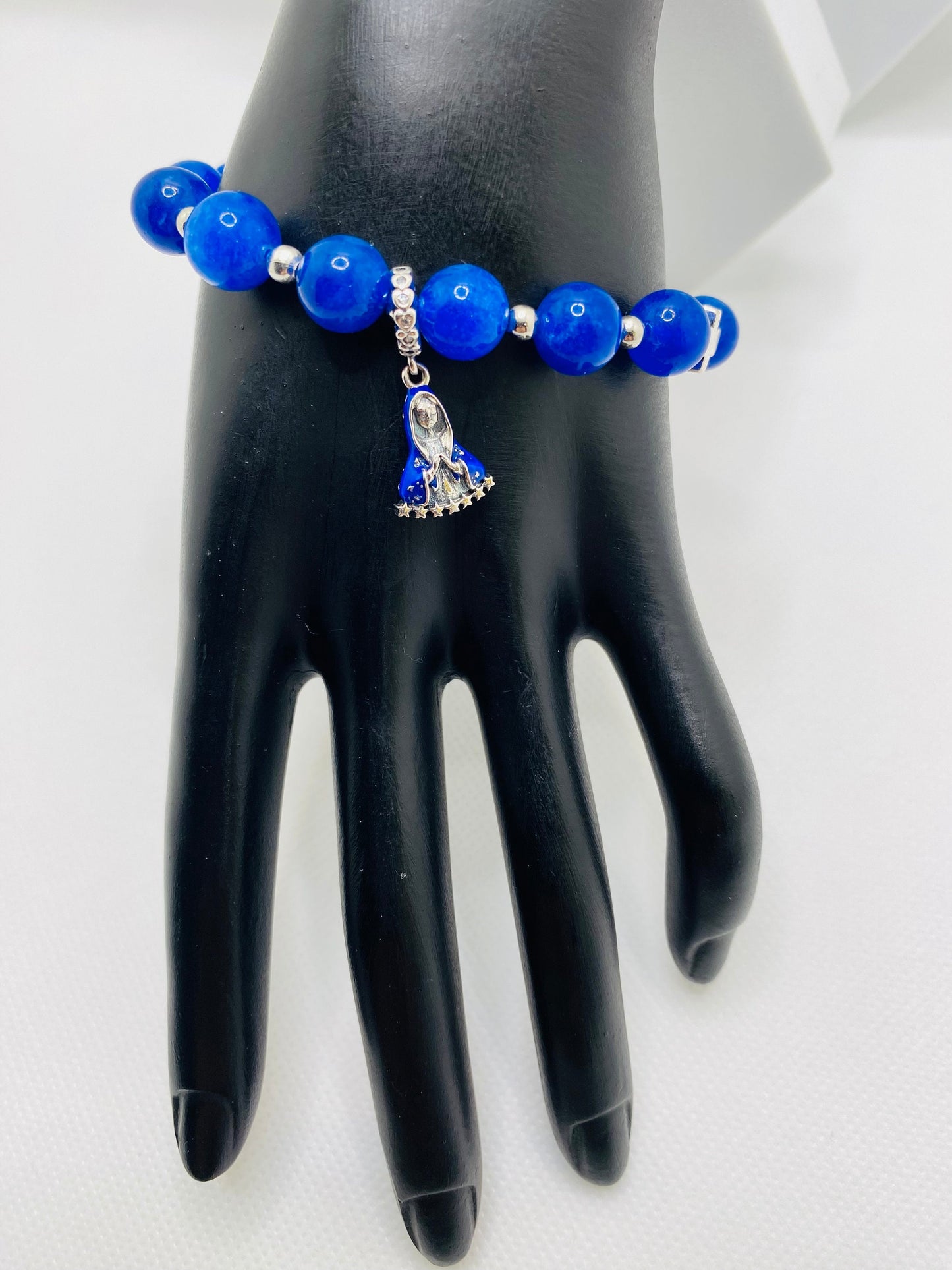 Blue Kyanite Gemstone Bracelet: Virgin Mary Charm, Cross Beads