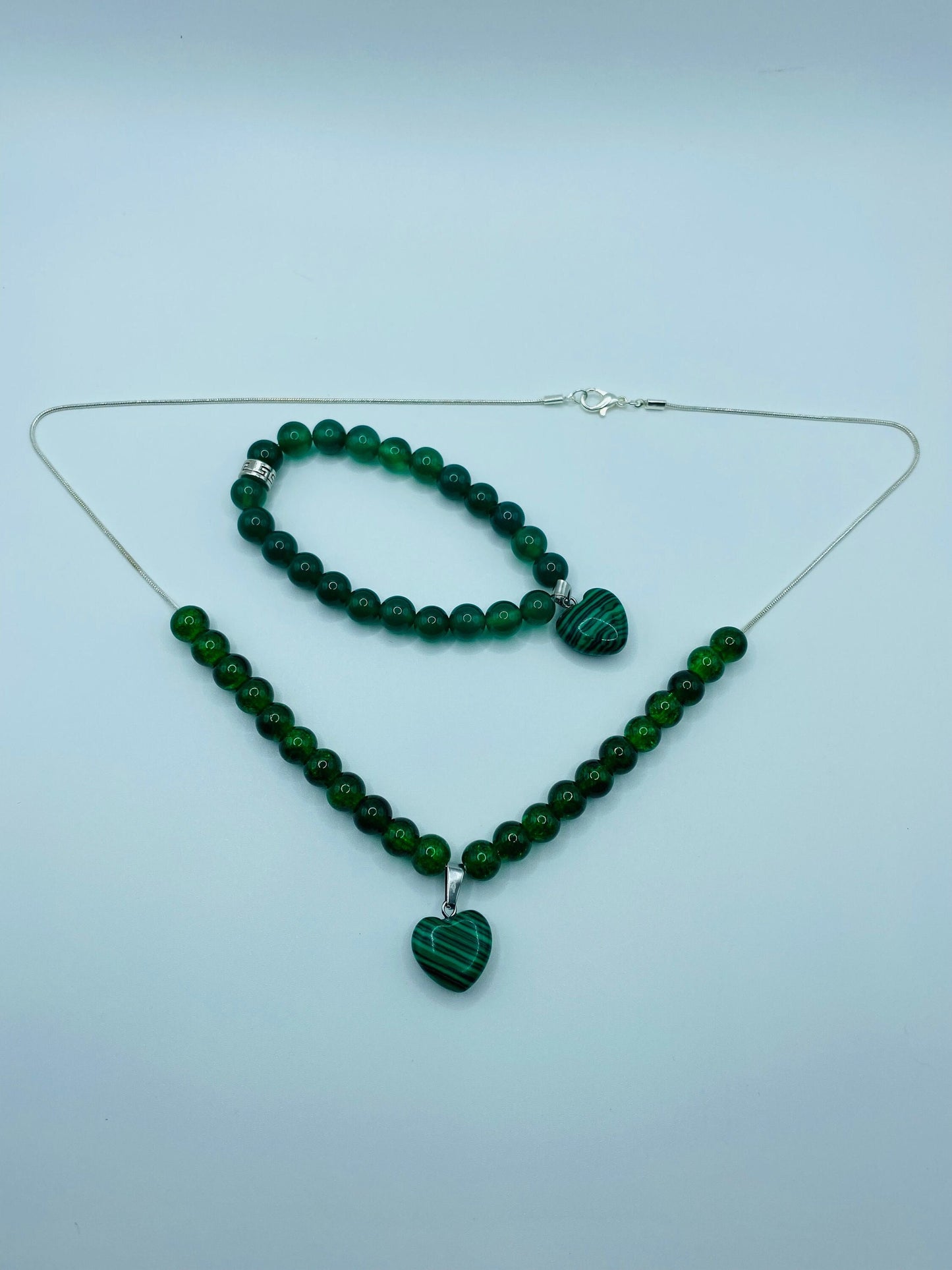 Handmade Lampwork Glass Bead Jewelry Set: Malachite Heart Necklace & Bracelet
