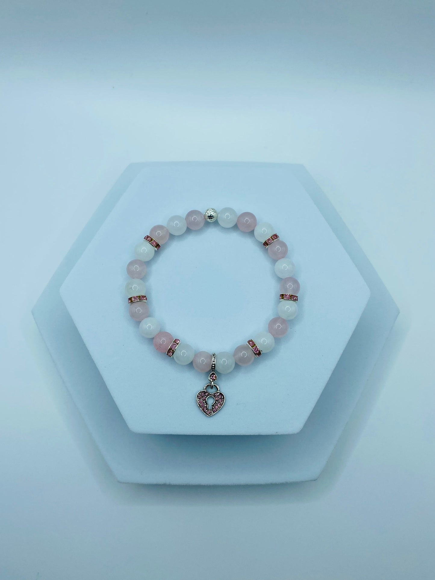 Heart Locket Charm Bracelet: Rose Quartz & White Jade Gemstone Beads
