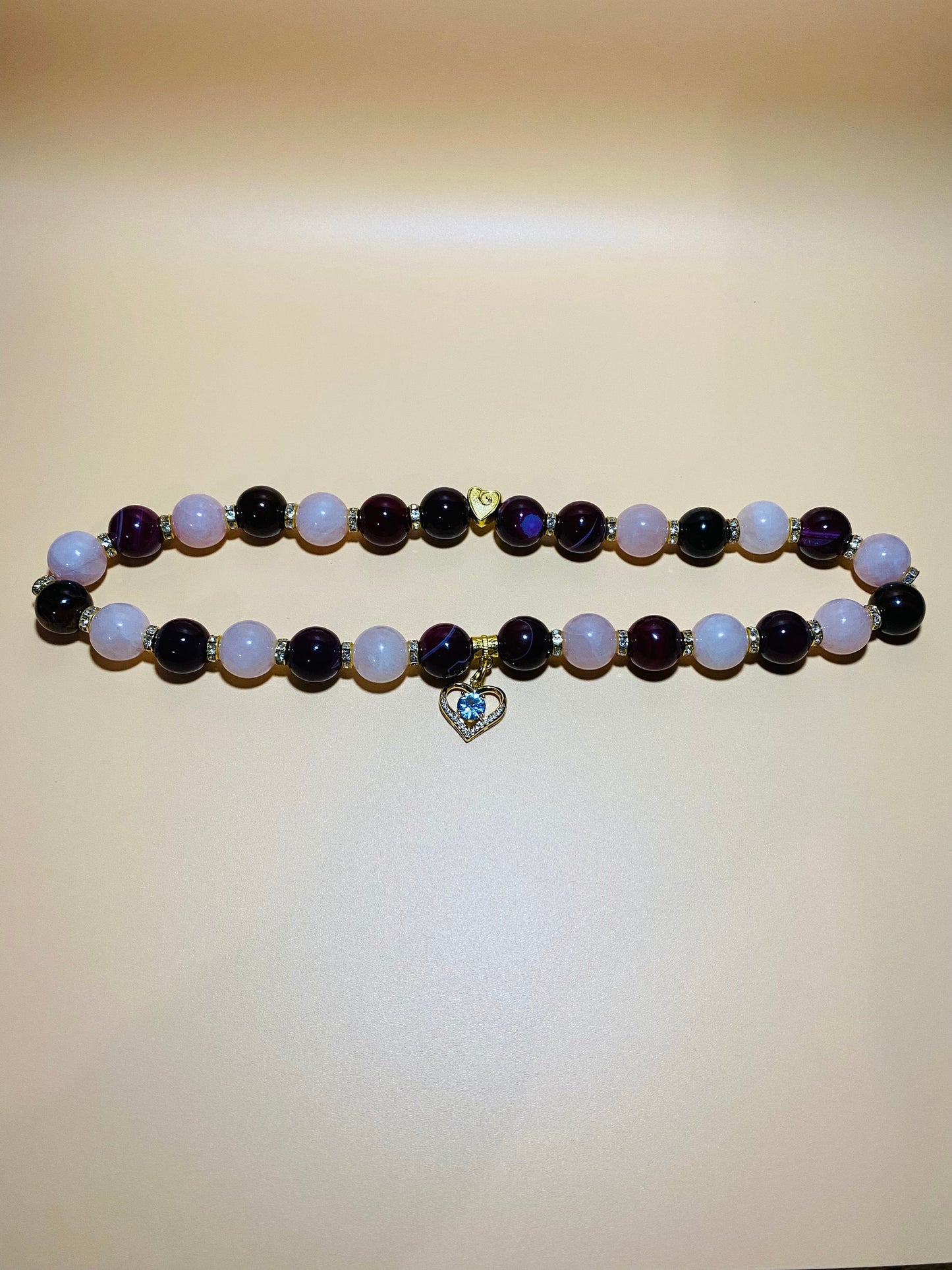 Handmade Rose Quartz Agate Beaded Necklace with Gold Heart Charm