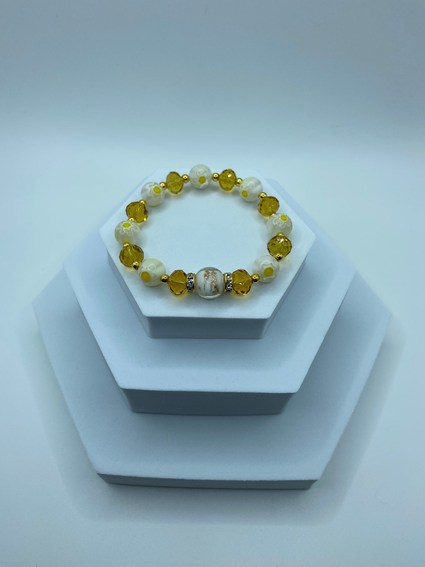 Lampwork Glass Bead Bracelet: Crystal & 18k Gold Hematite