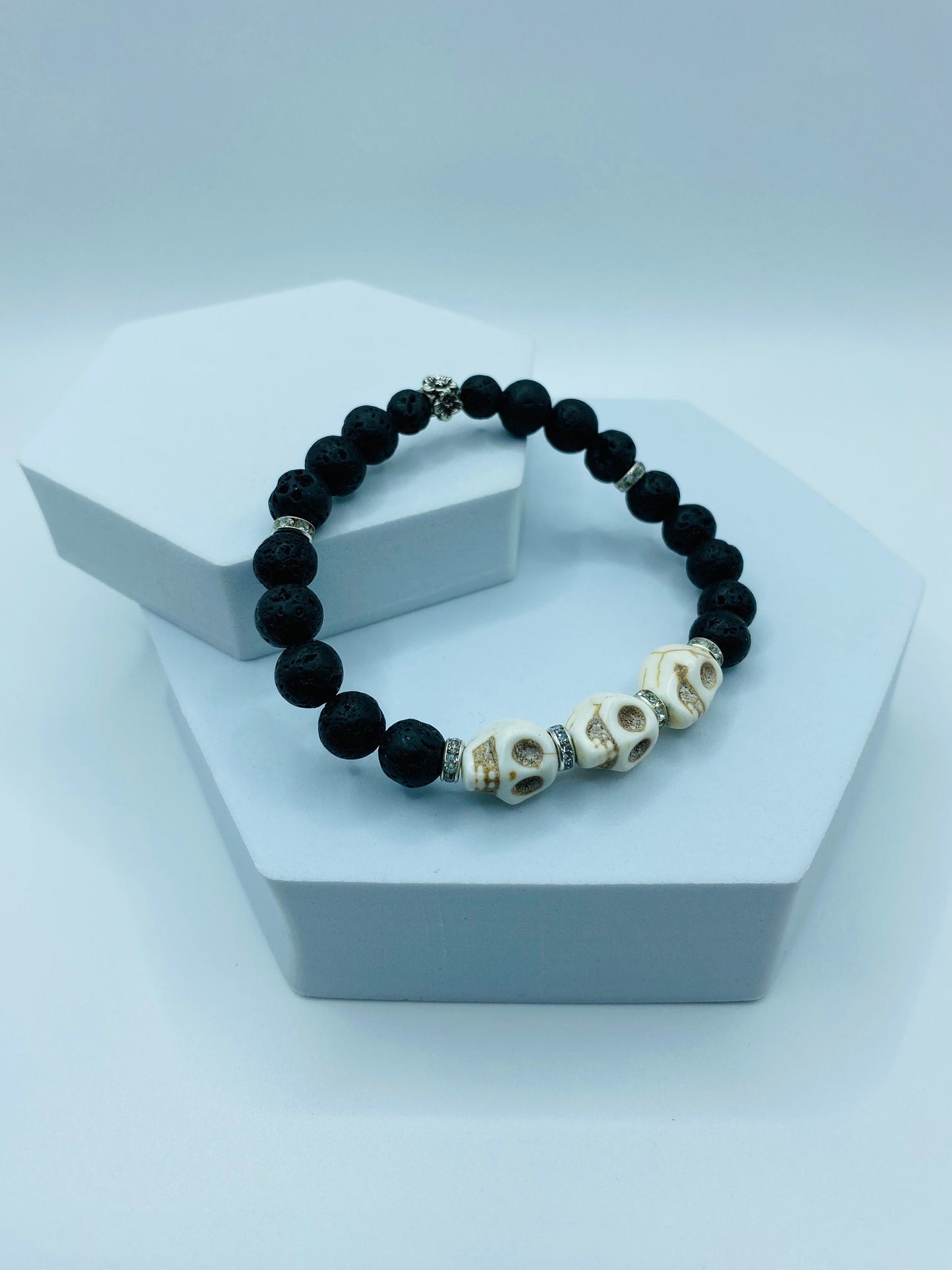 Day of the Dead Lava Rock Bracelet, White Skull Beads & Metal flowers - Dia de Los Muertos - Gift for Him