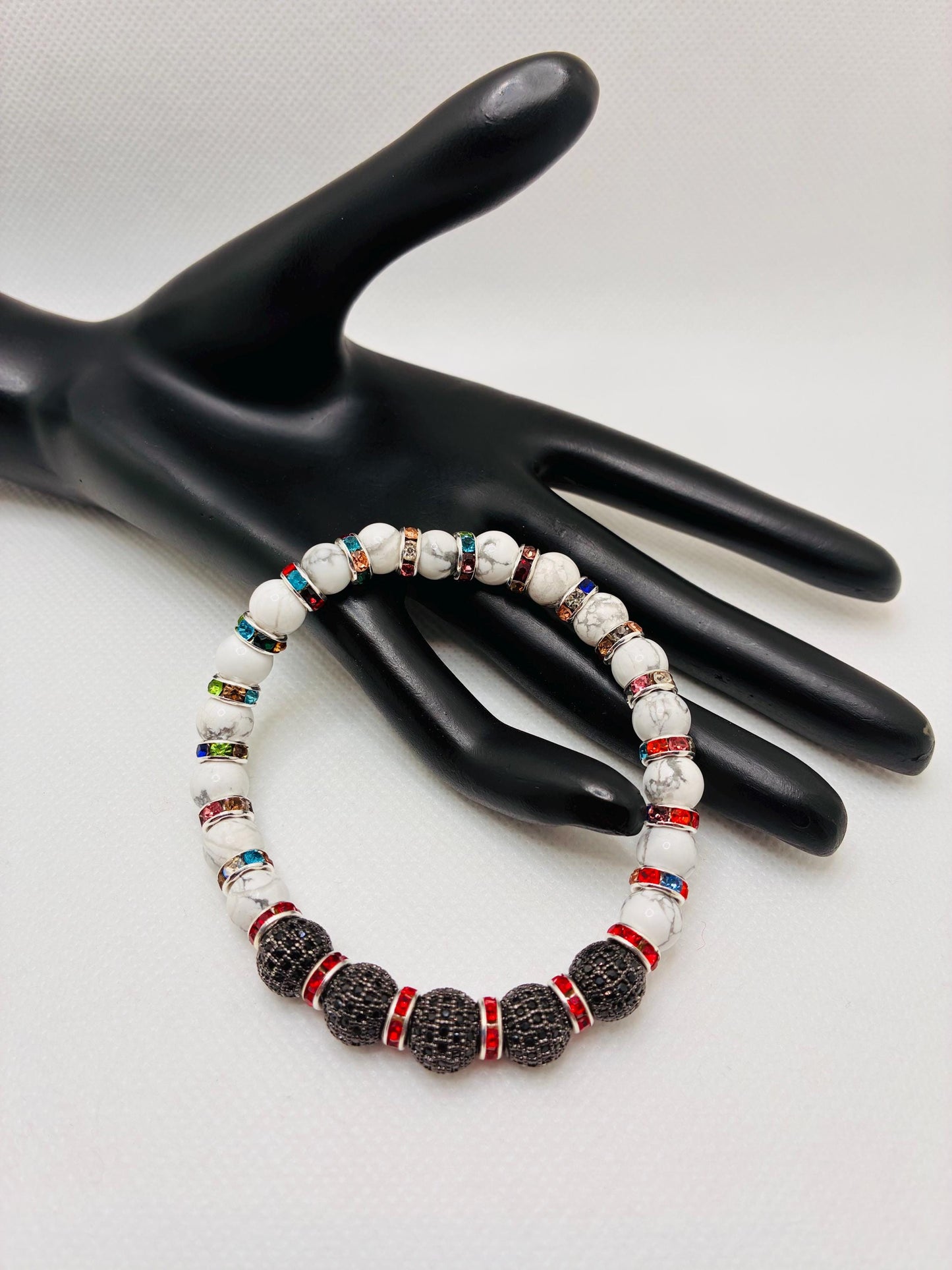 Womens Howlite Bracelet with Zircon Paved Rhinestone Charm Beads, Rainbow Bracelet