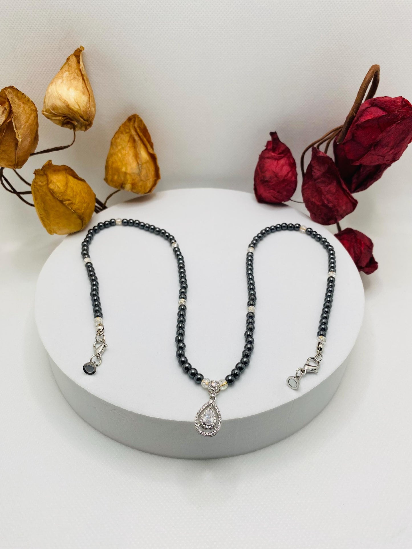 Womens Necklace Handmade Jewelry - Hematite Gemstone Beads & Zirconia Pendant, Gifts for her, Crystal Necklace