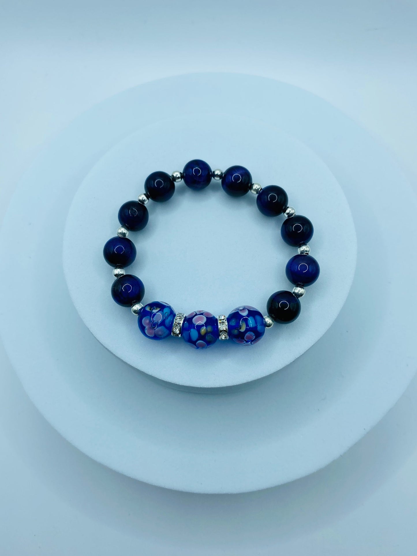 Blue Floral Lampwork Glass Bead Bracelet: Tigers Eye & Hematite