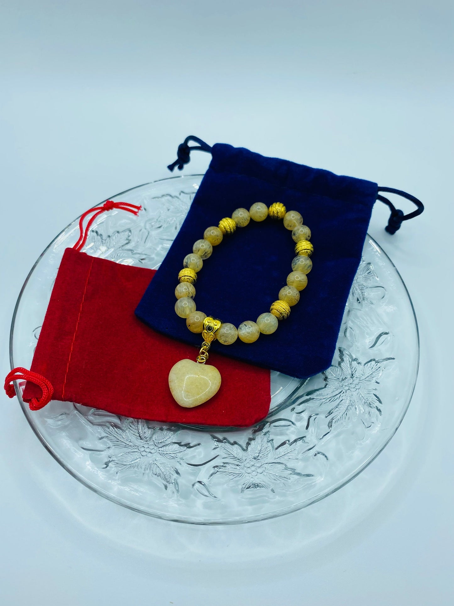 Rutilated Quartz Bracelet: 18K Gold Plated Heart Charm, Gemstone Beads