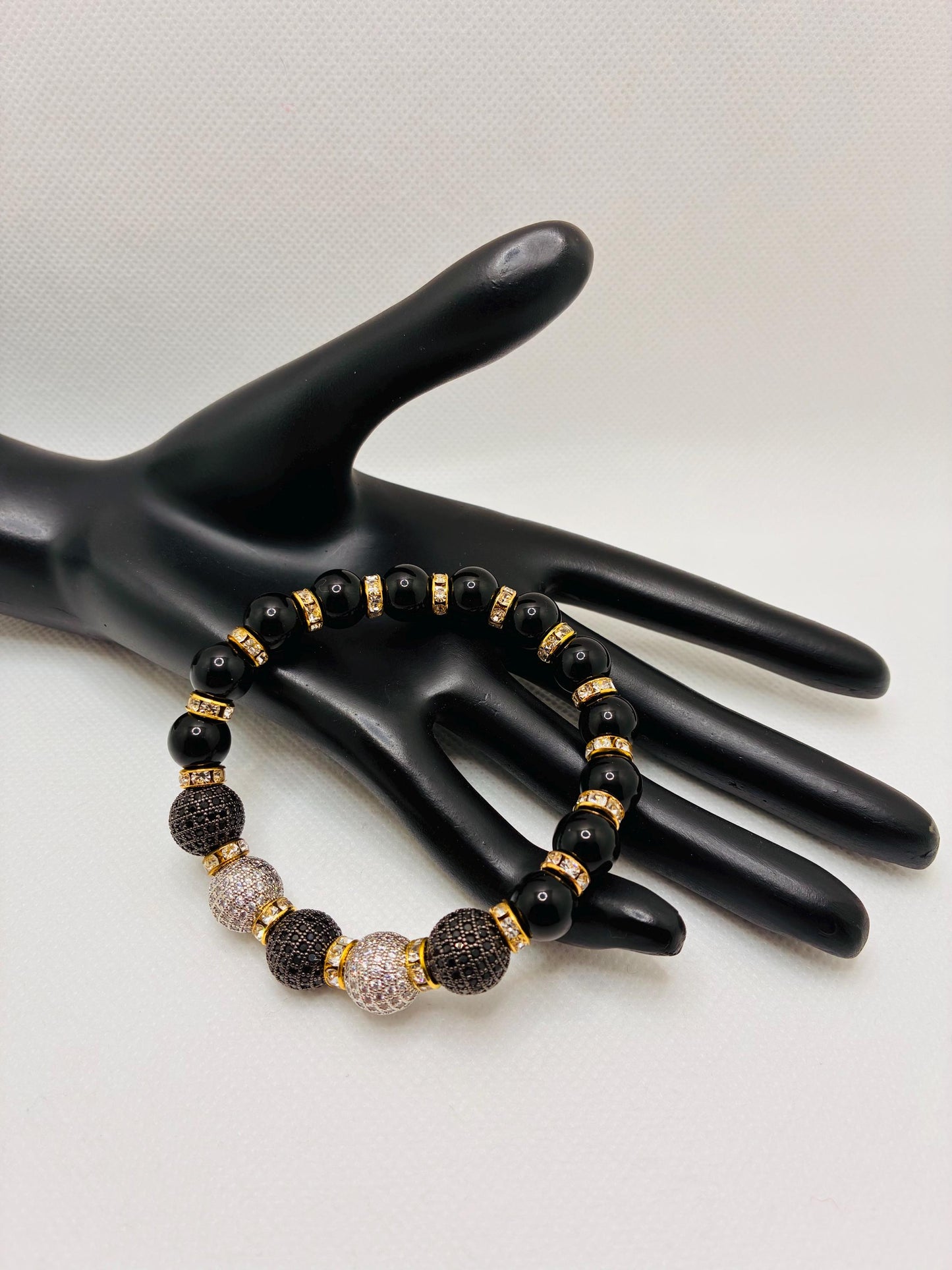 Black Onyx Bracelet with Brass Rhinestone & Zirconia Beads: Gold Plated Rondelles