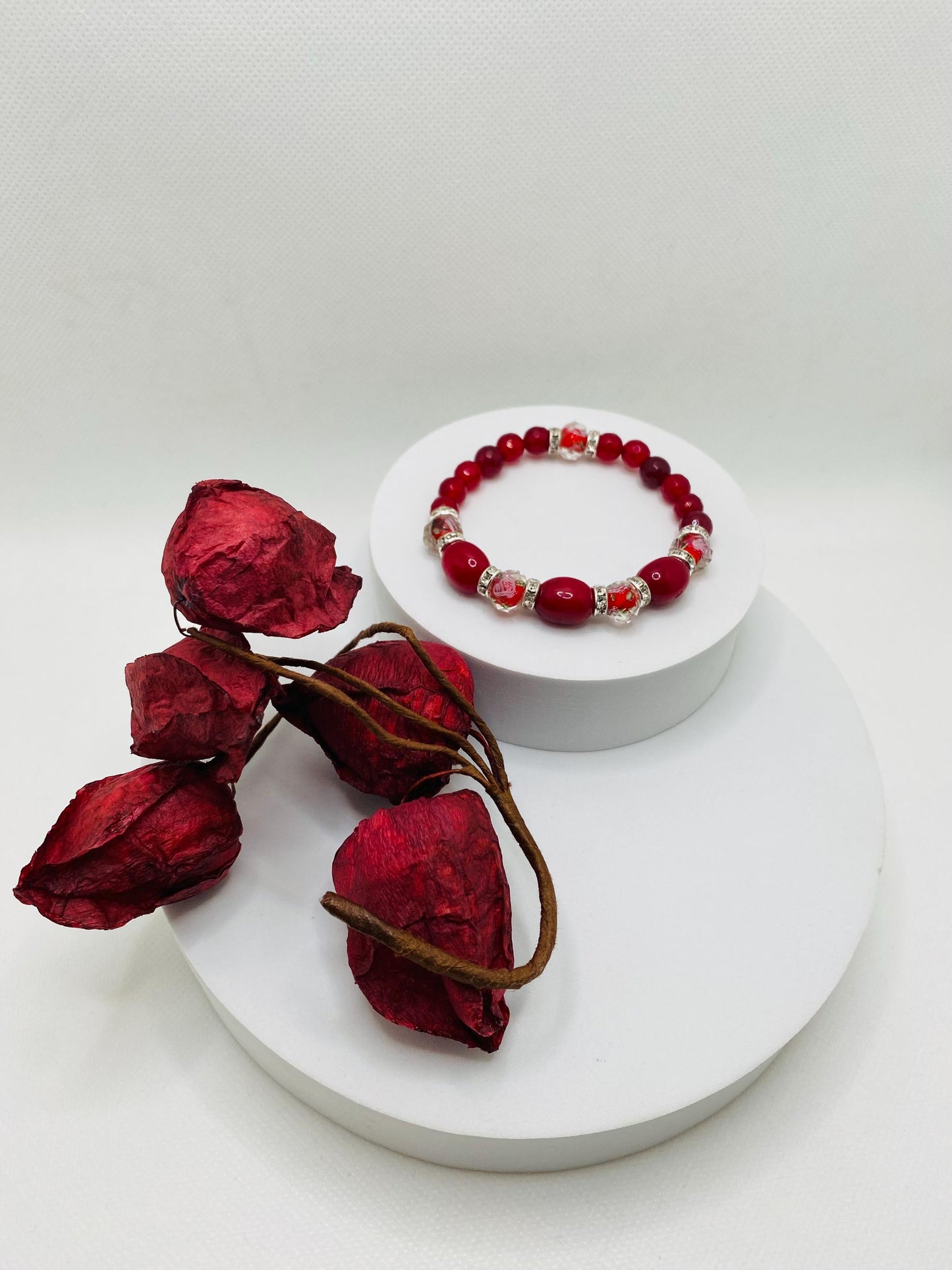 Red Jade Bracelet: Lampwork Glass & Agate Gemstone Beads