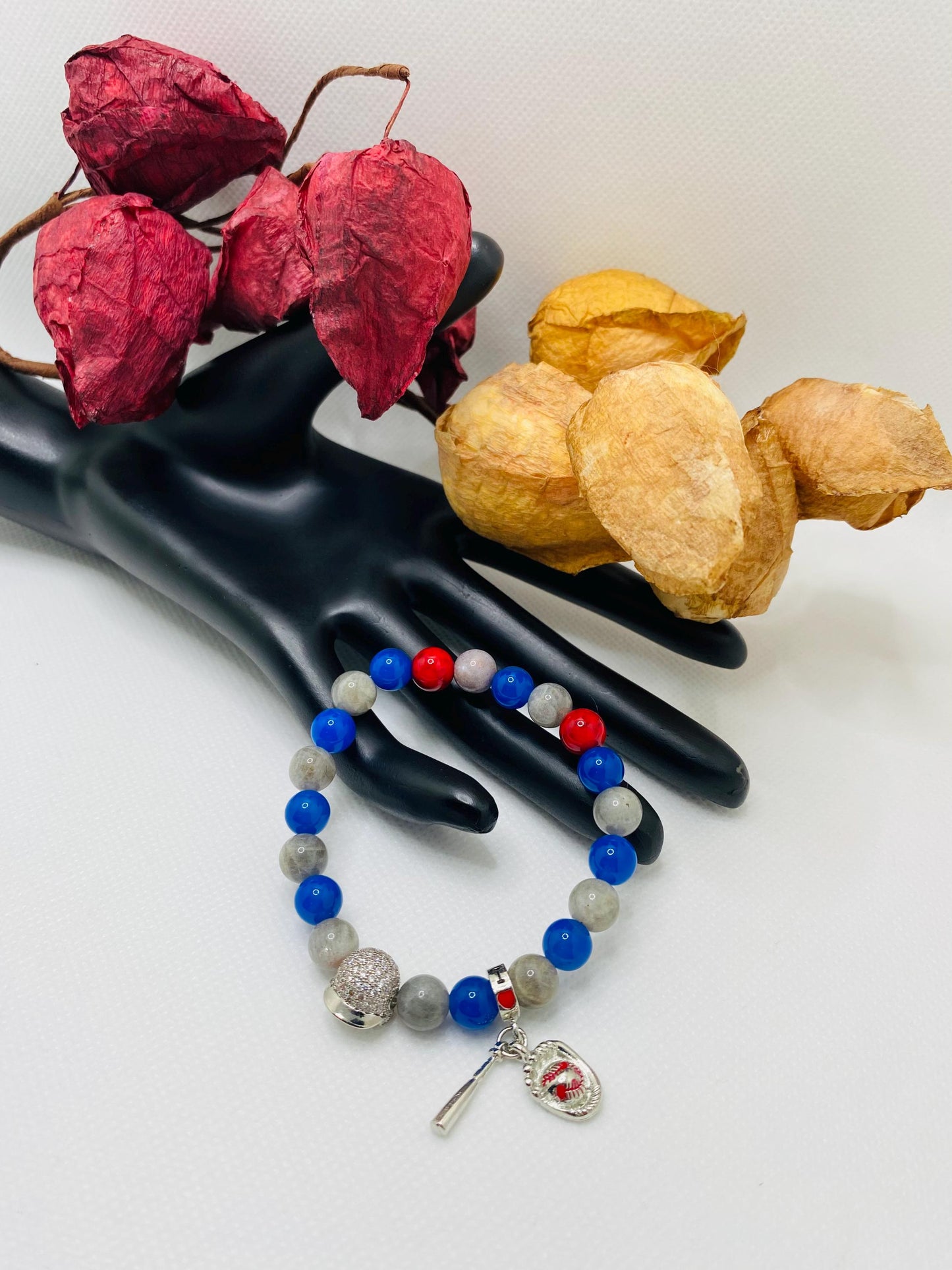 Los Angeles Dodgers Bracelet: Gemstone Beads & Baseball Charms