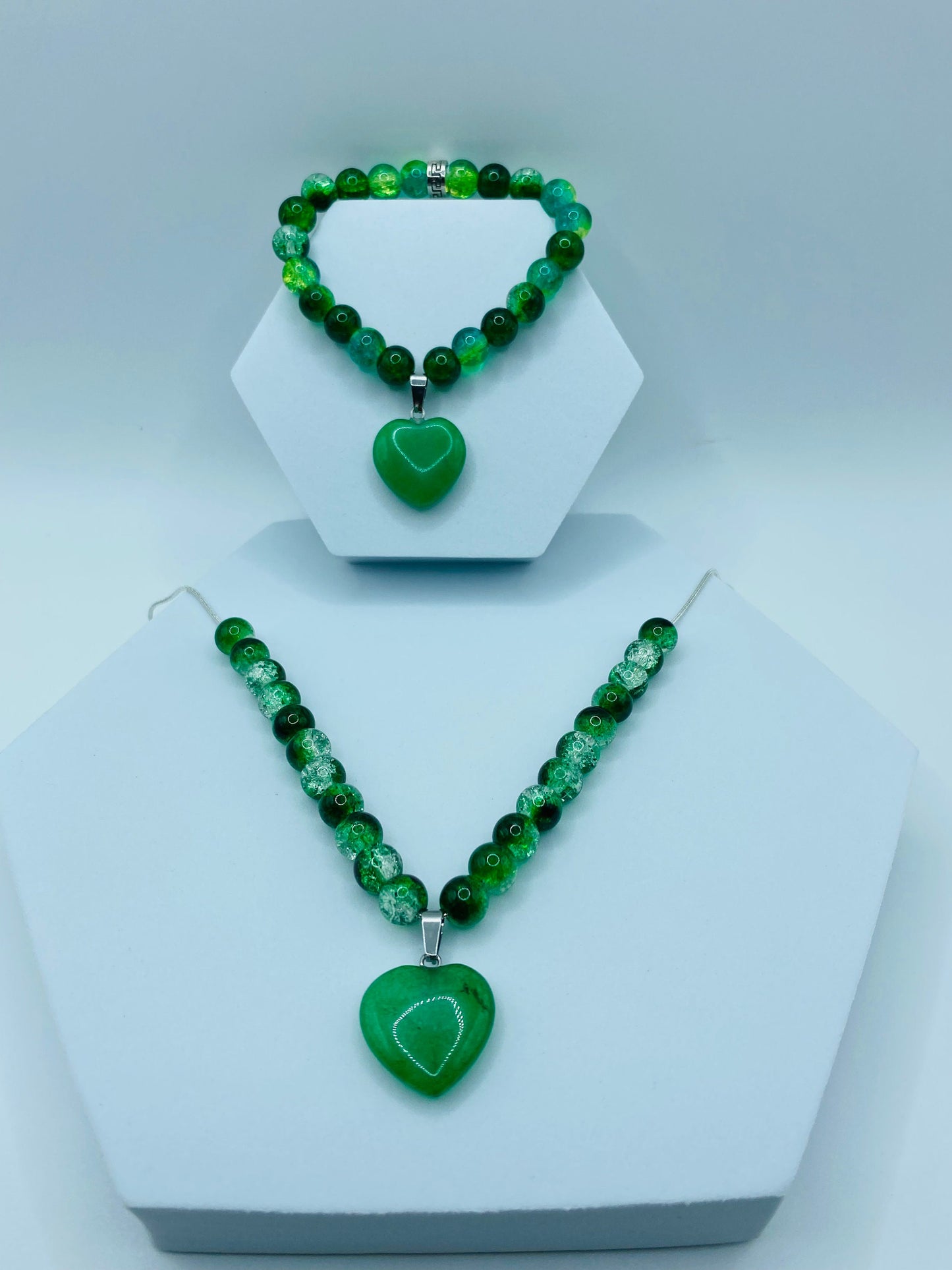 Handmade Jade Heart Necklace Bracelet Set: Green Glass Bead Jewelry