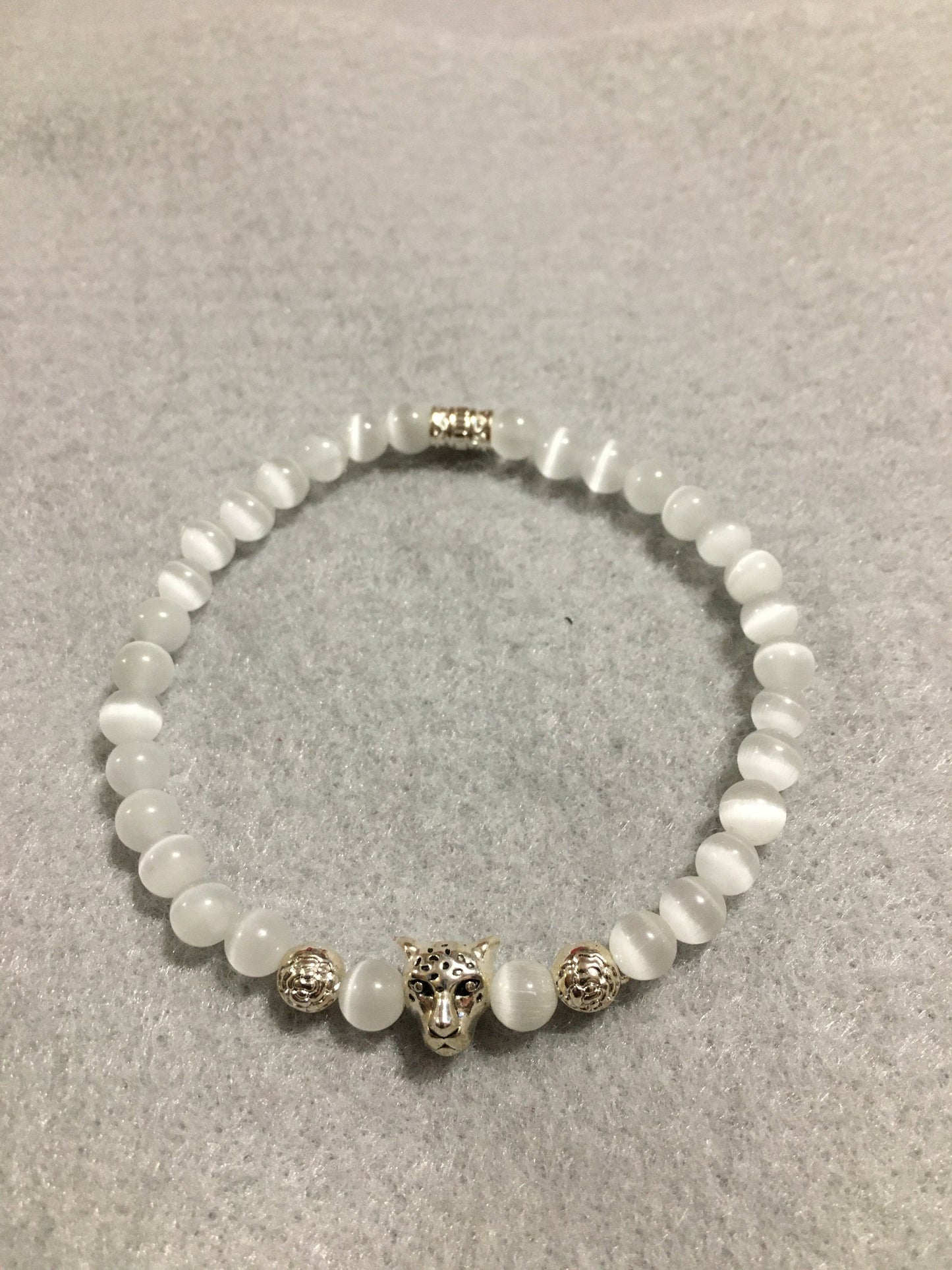 Leopard Charm Bracelet: White Cats Eye Bead, Silver Accents