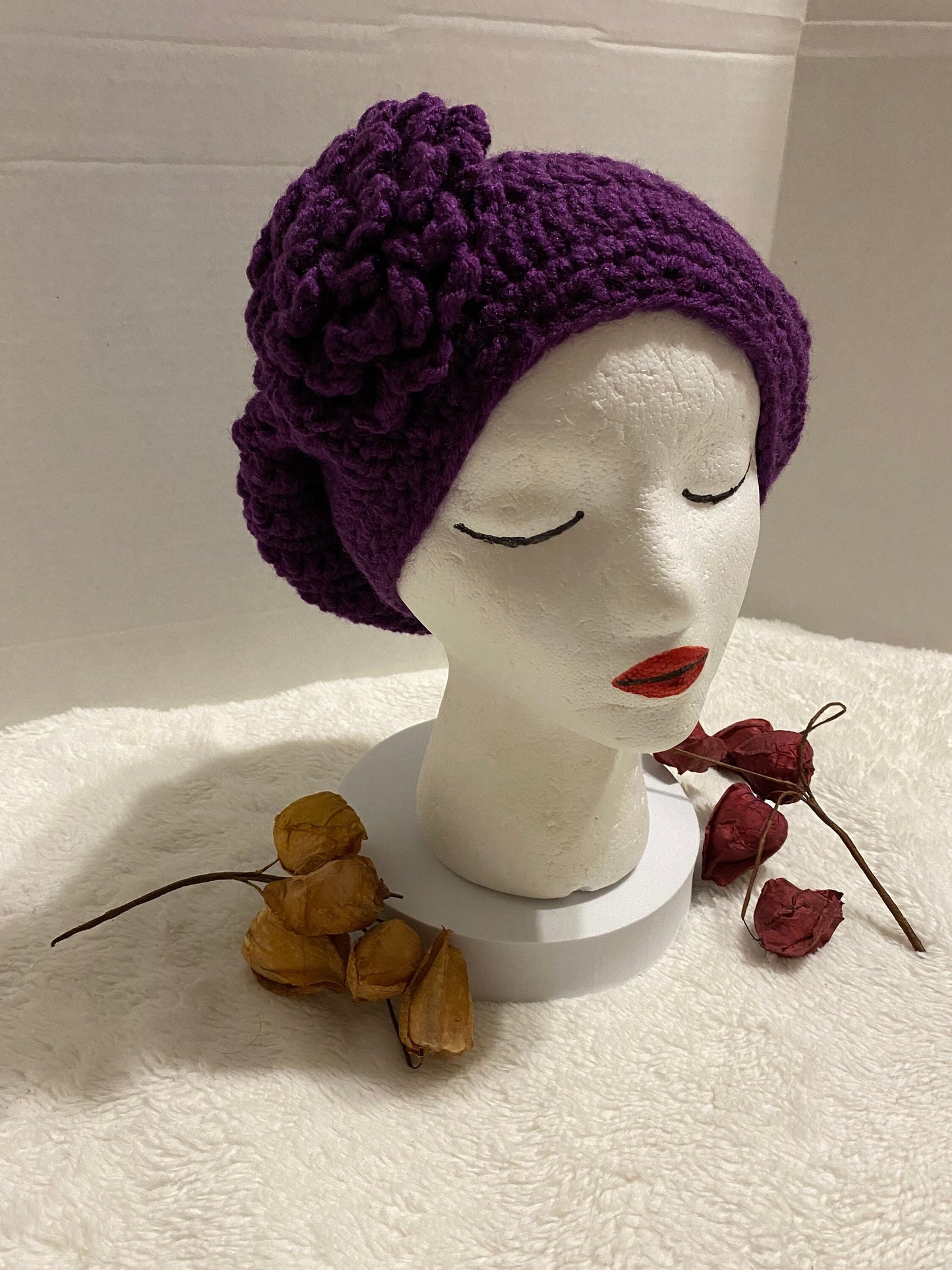 Handmade Crochet Hat with Flower: Purple Acrylic Beanie