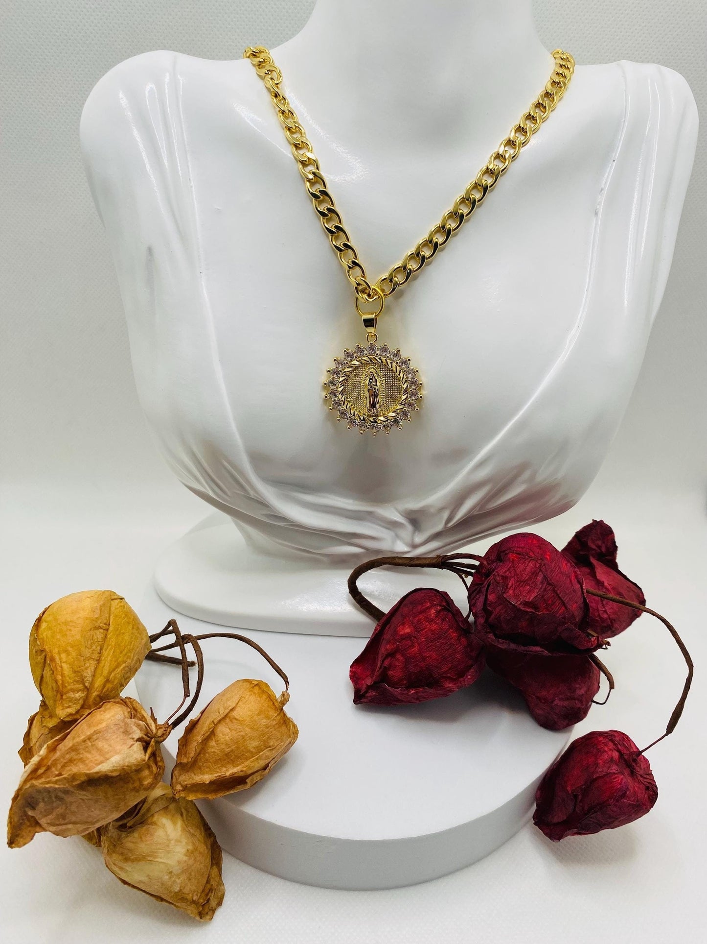 Virgin Mary Necklace: Gold Cuban Link Chain, Religious Jewelry