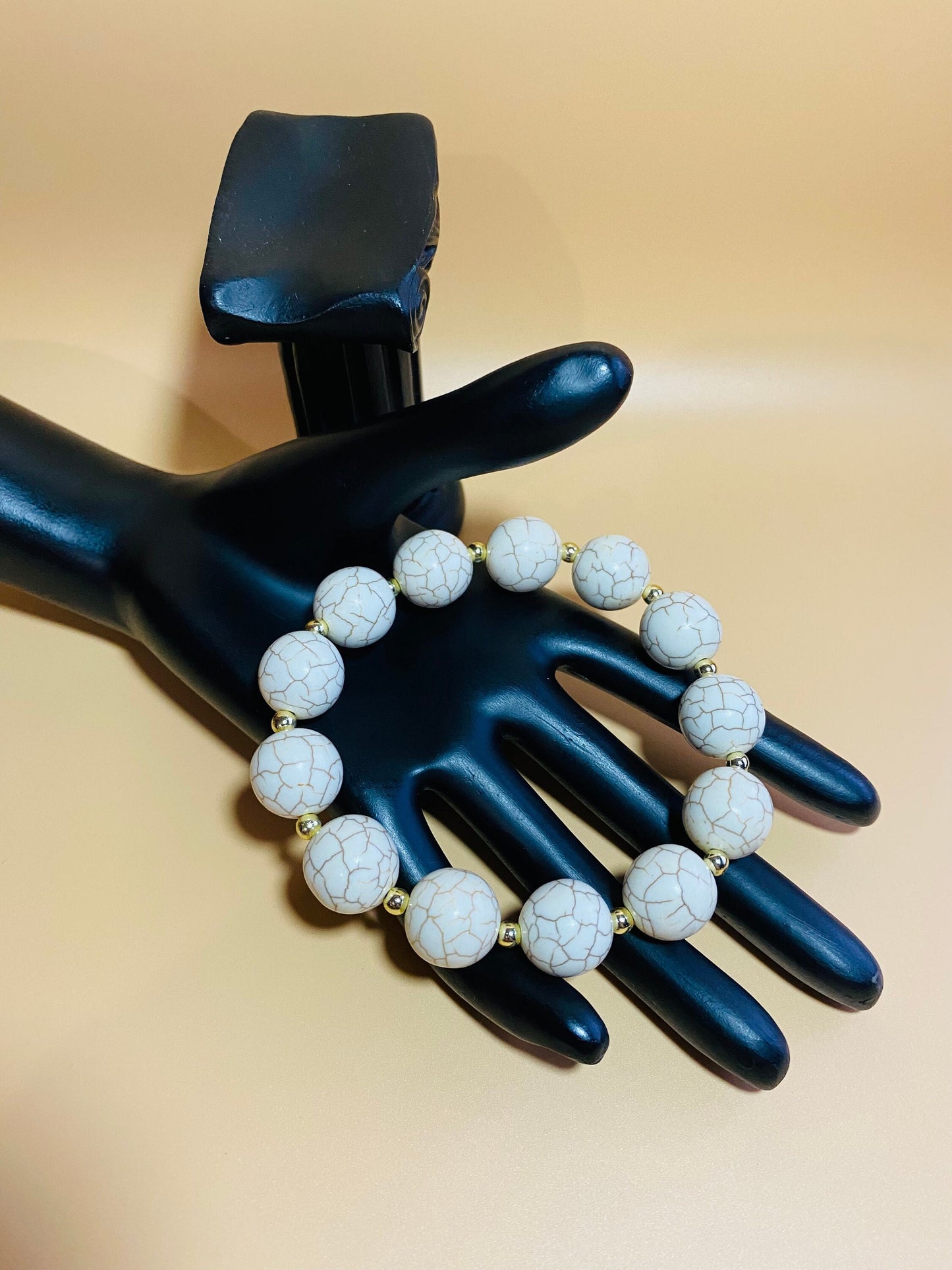 Handmade White Turquoise Bracelet: Gold-Plated Hematite Gemstone Beads