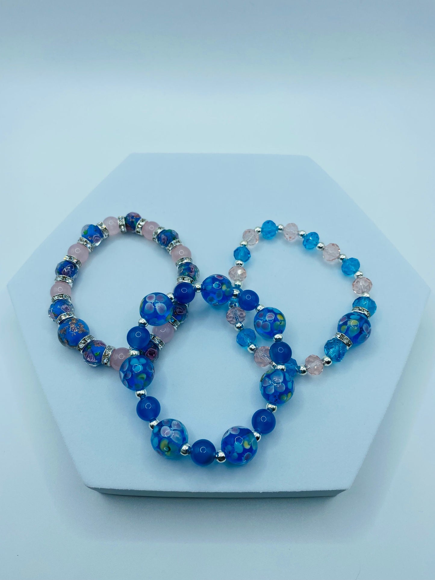 Blue Lace Agate Bracelet: Lampwork Floral Glass Beads, Silver Accents