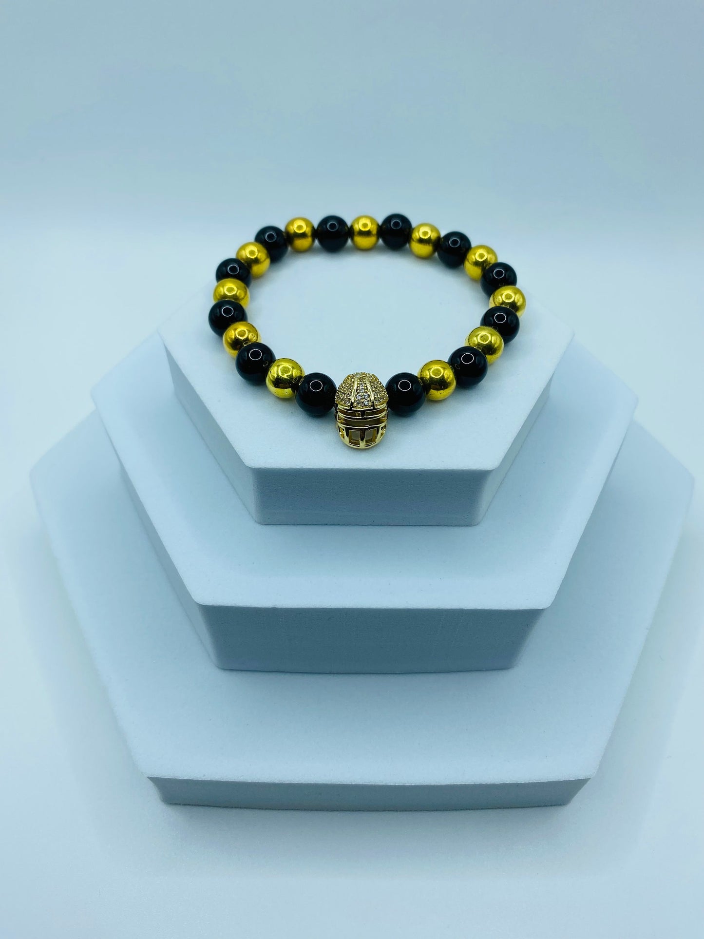 New Orleans Saints Bracelet: Onyx & Gold Hematite Football Helmet