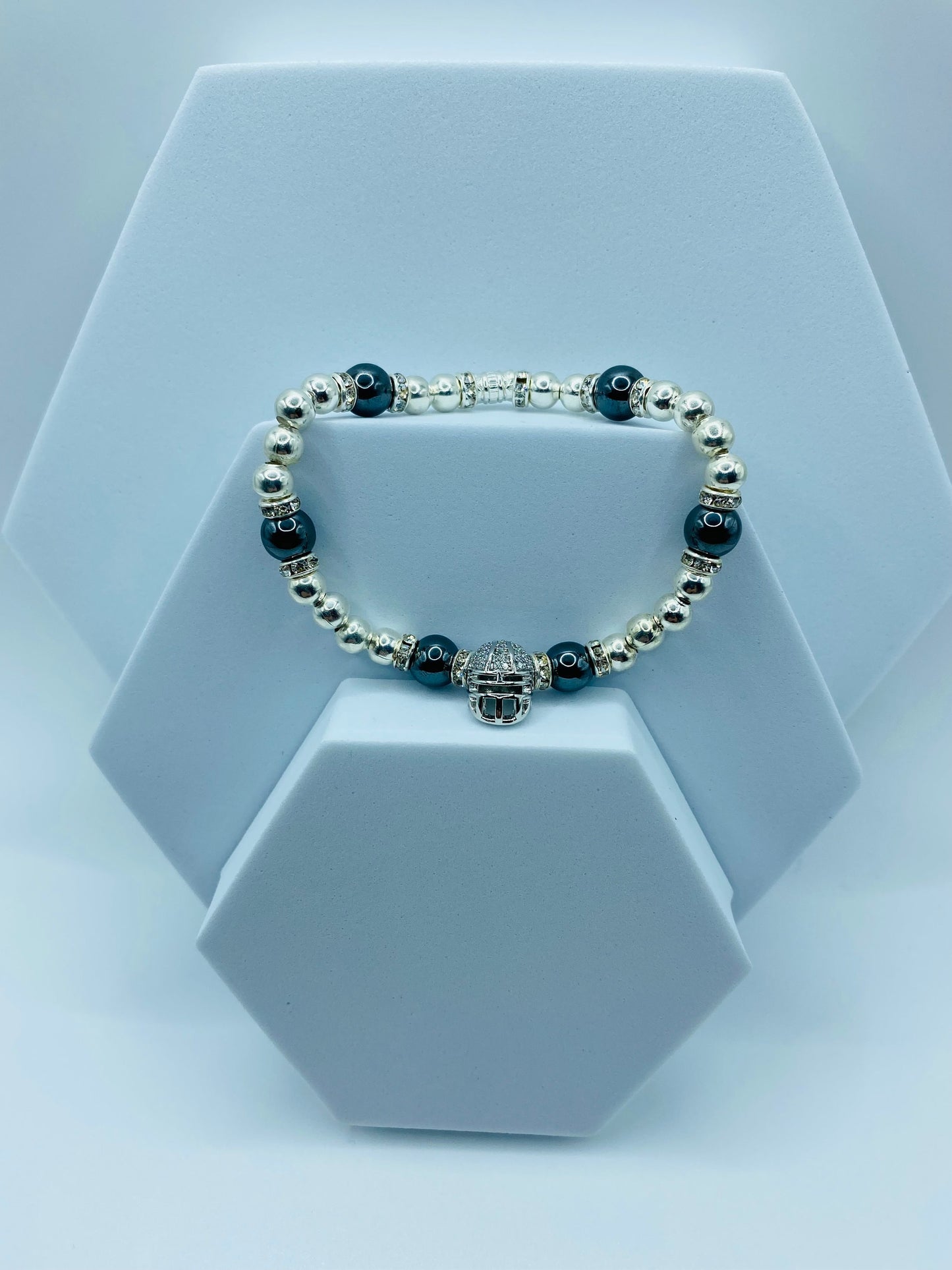 Las Vegas Raiders Bracelet: Hematite Beads, CZ Football Helmet