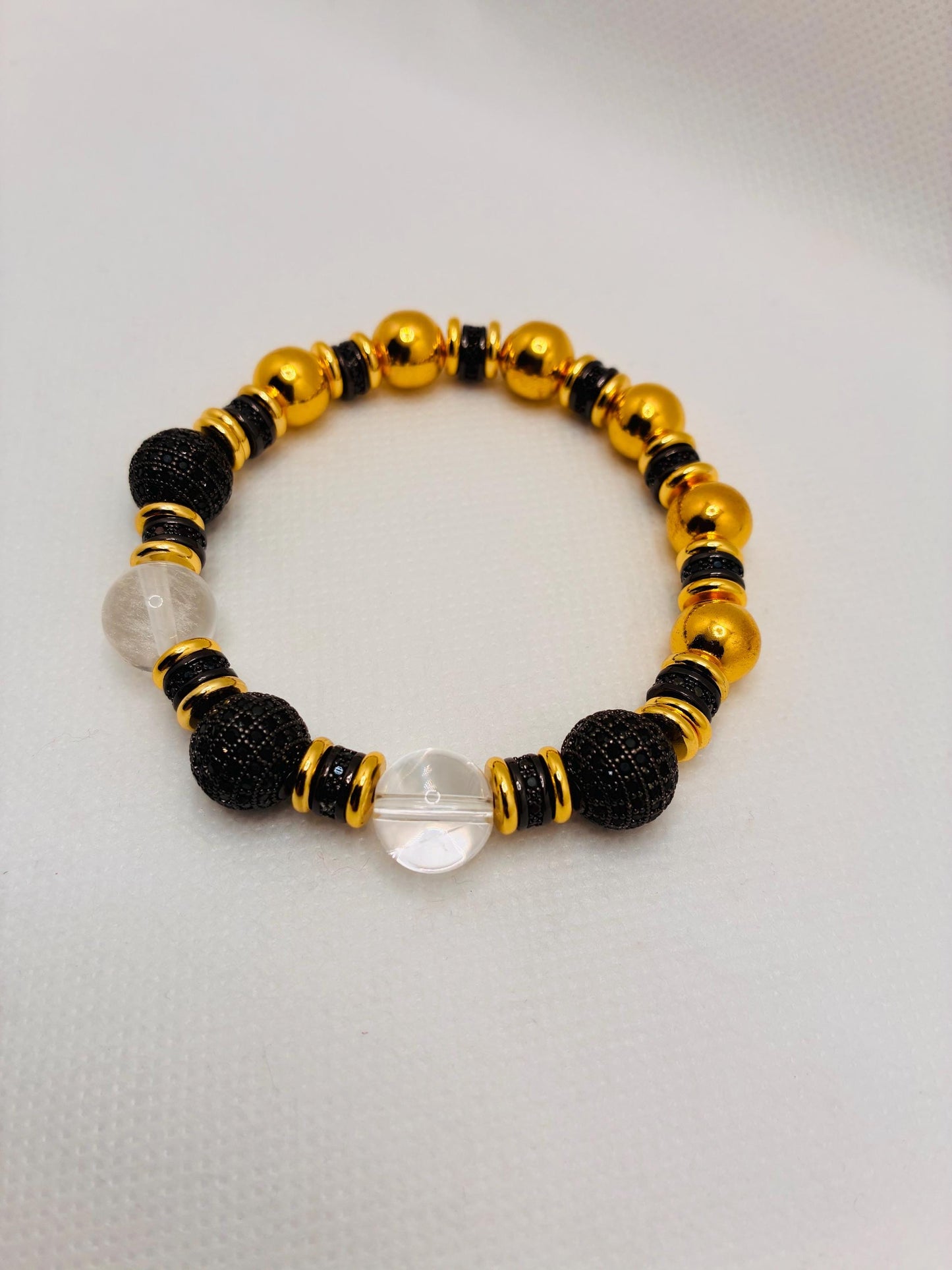 Gold Plated Hematite Bracelet: Clear Quartz & Black Zirconia Beads