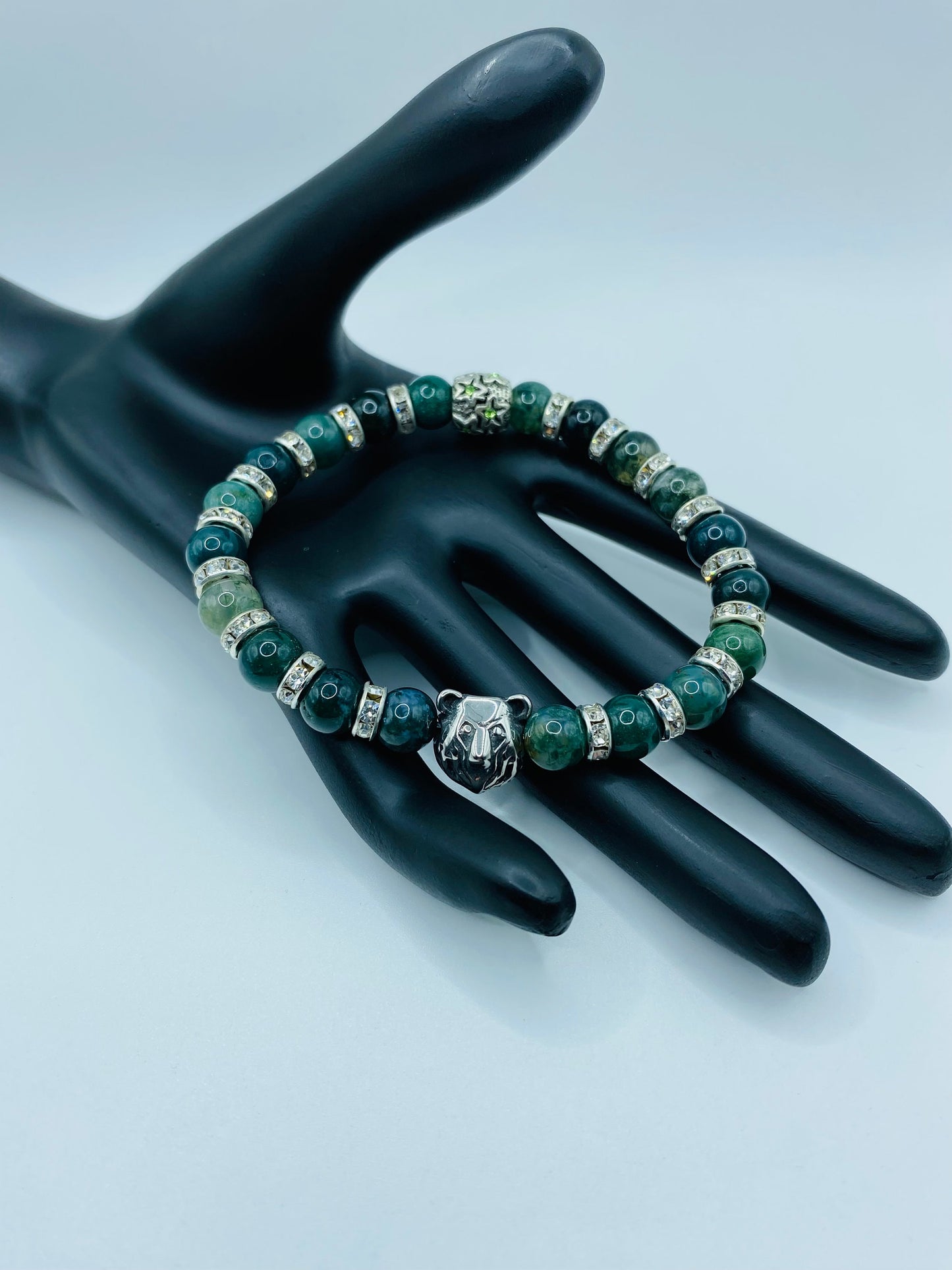 Mens Moss Agate Beaded Bracelet with Stainless Steel Bear Charm