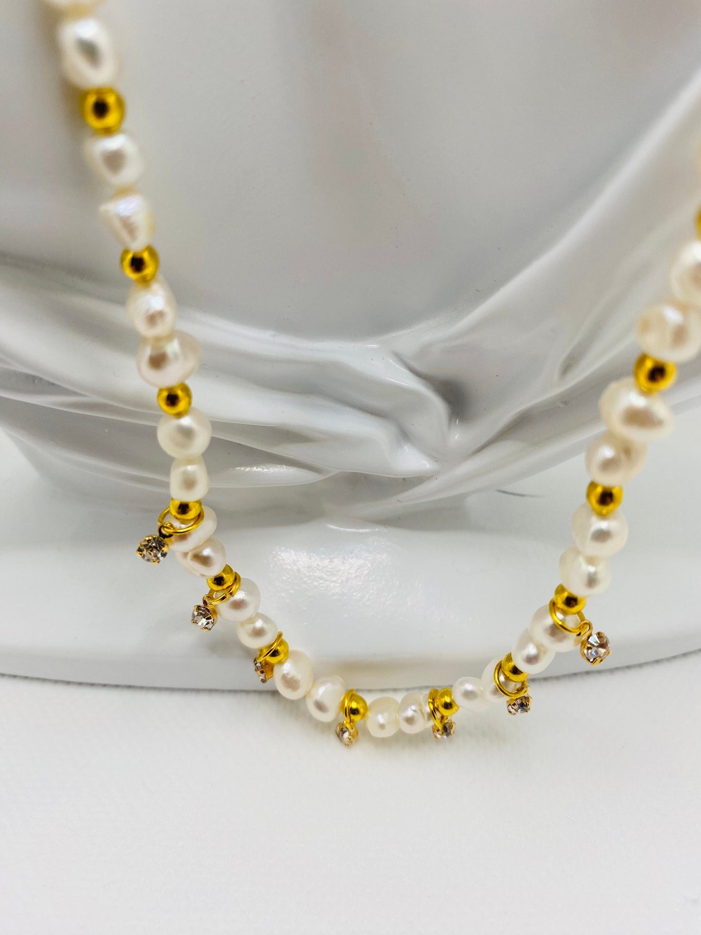 Baroque Pearl Necklace: 18k Gold Plated Hematite Beads, CZ Crystal Pendant