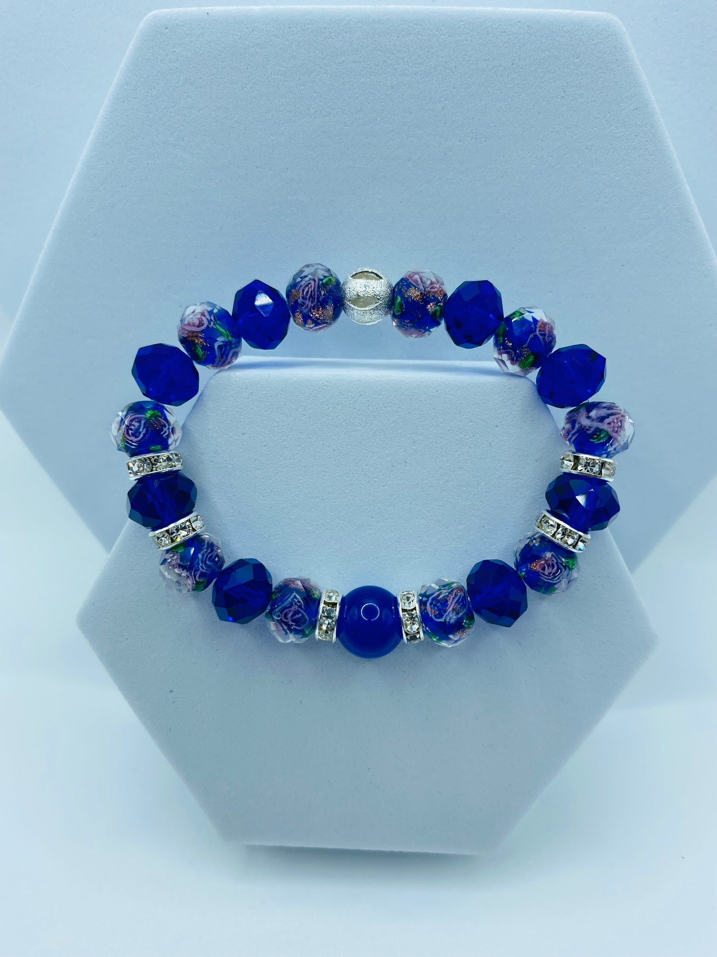 Blue Chalcedony Bracelet: Lampwork Floral Glass Beads, Rhinestone Accents