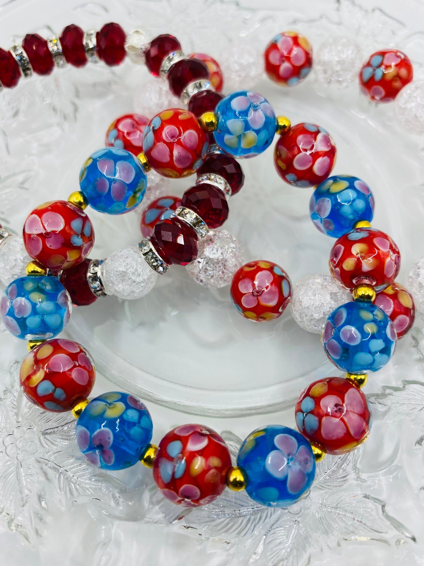 Floral Lampwork Glass Bead Bracelet: Red & Blue Murano Style