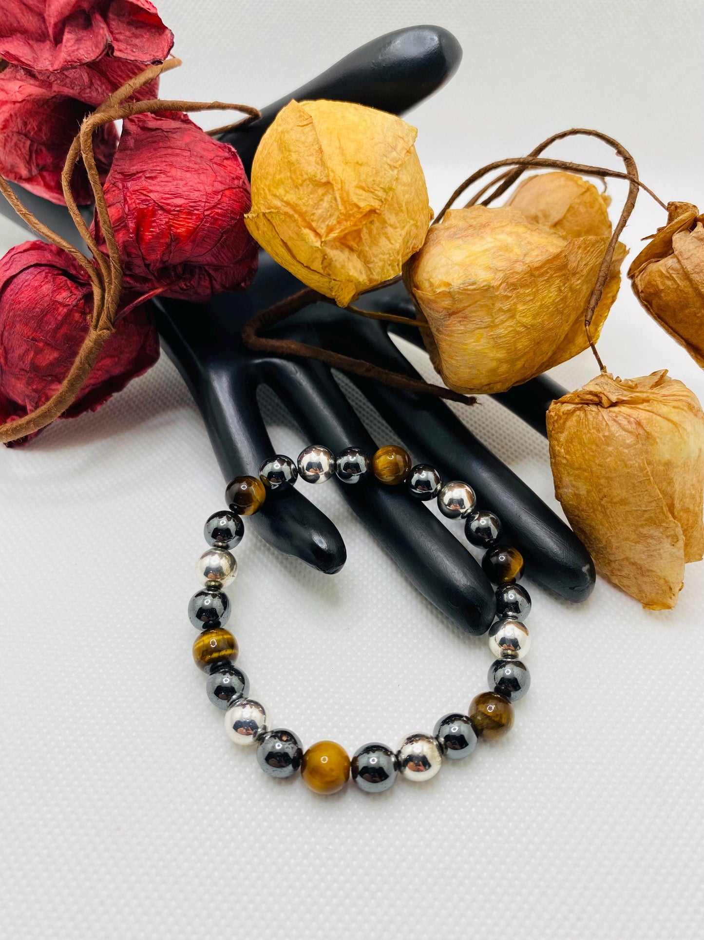 Mens Tigers Eye & Hematite Beaded Bracelet - Handmade Gemstone Jewelry