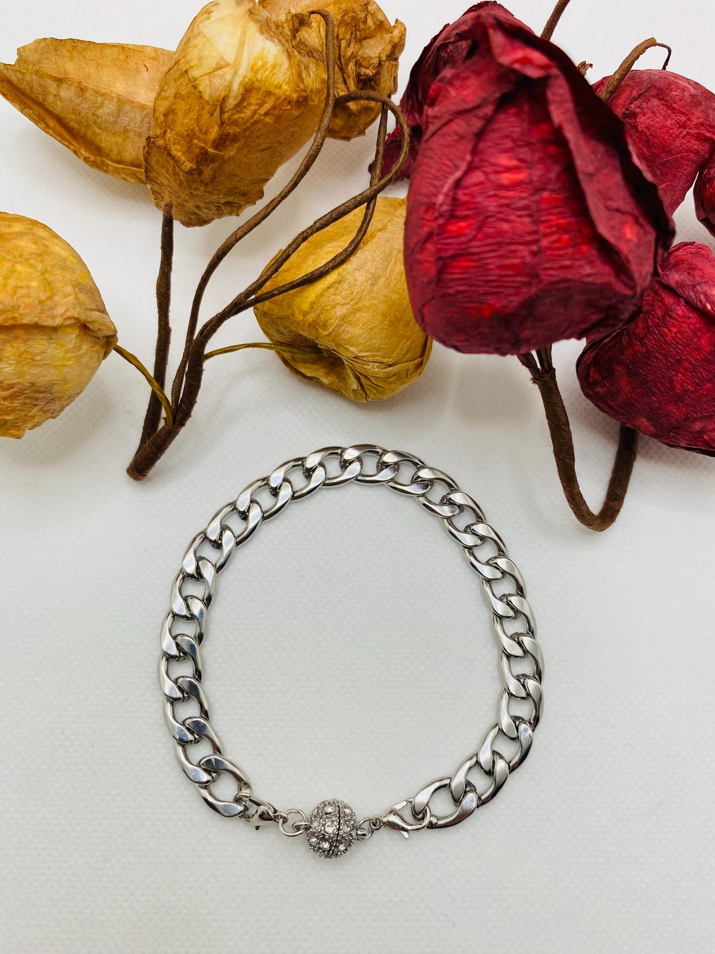 Silver Stainless Steel Cuban Link Bracelet: Unisex Magnetic Clasp