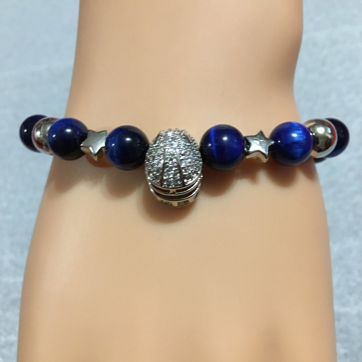 Dallas Cowboys Bracelet: Blue Tigers Eye, Silver Helmet & White Gold Stars