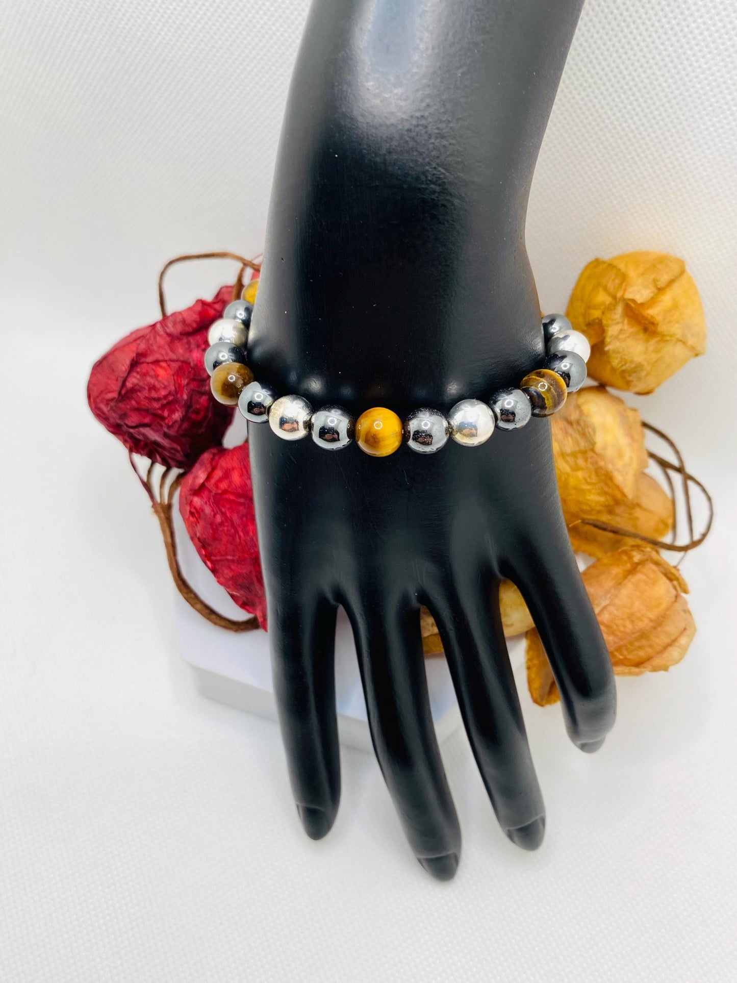 Mens Tigers Eye & Hematite Beaded Bracelet - Handmade Gemstone Jewelry