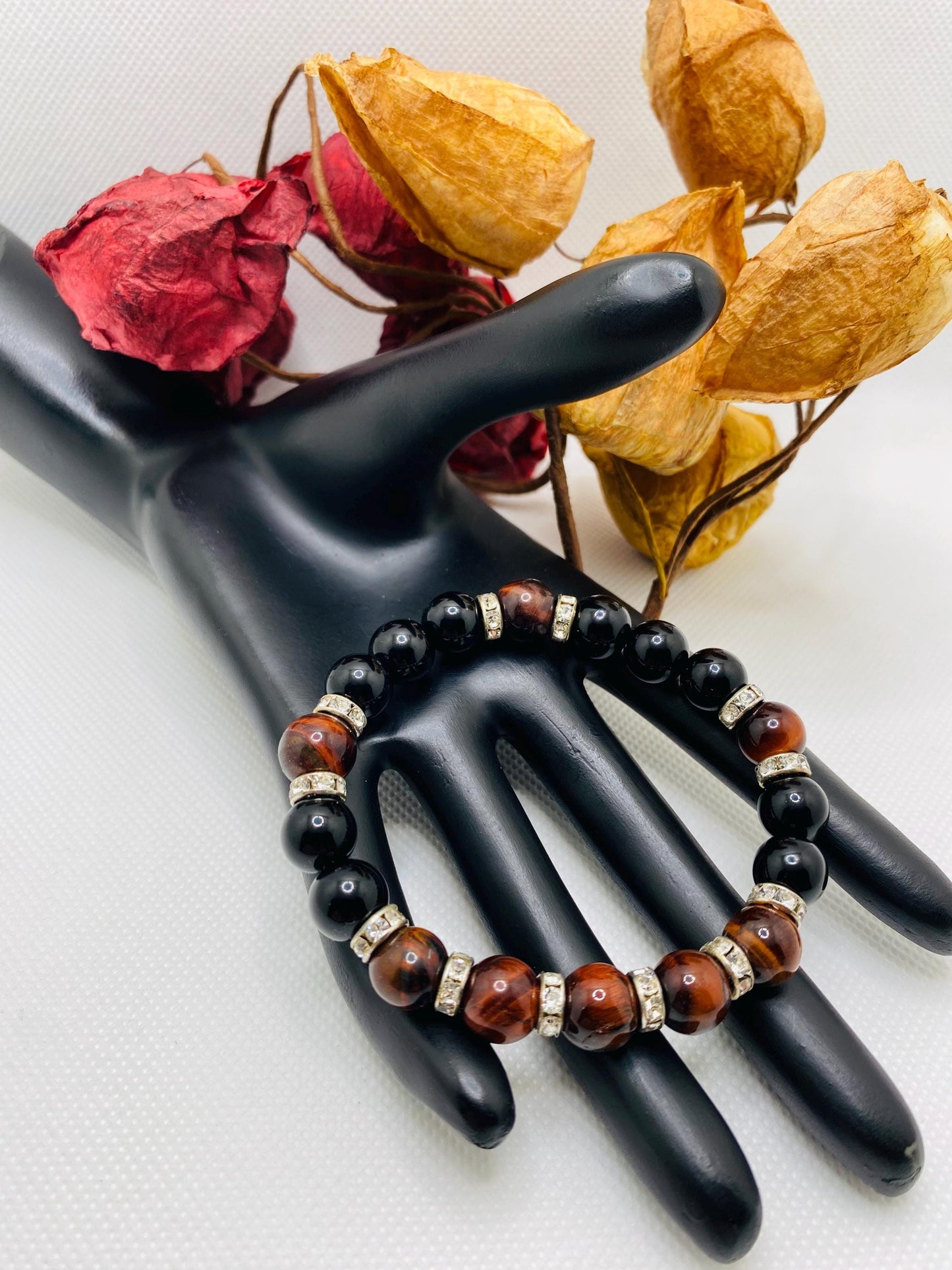 Mens Black Onyx & Red Tiger's Eye Beaded Bracelet: Handmade Gemstone Jewelry