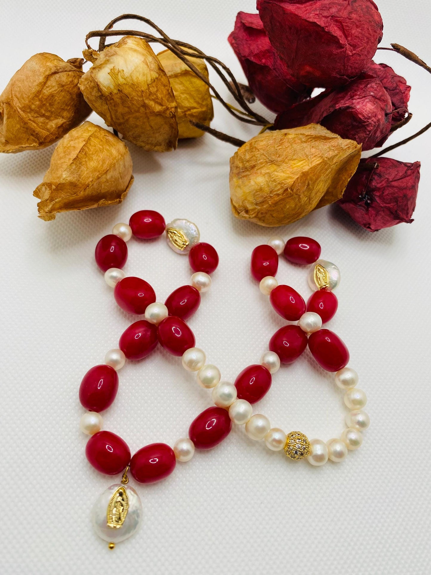 Handmade Red Jade Pearl Necklace: Virgin Mary Religious Jewelry