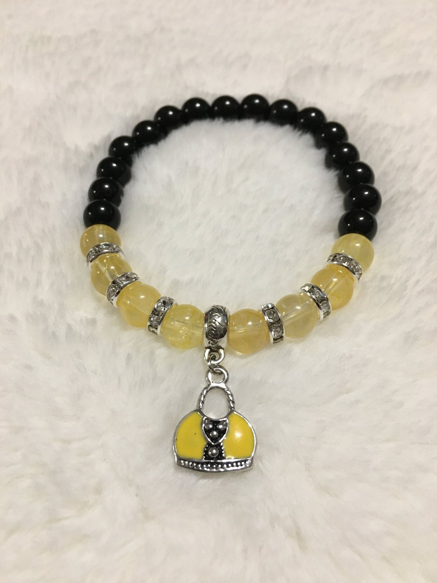Citrine & Black Onyx Bracelet: Silver Purse Charm, Rhinestone Accents