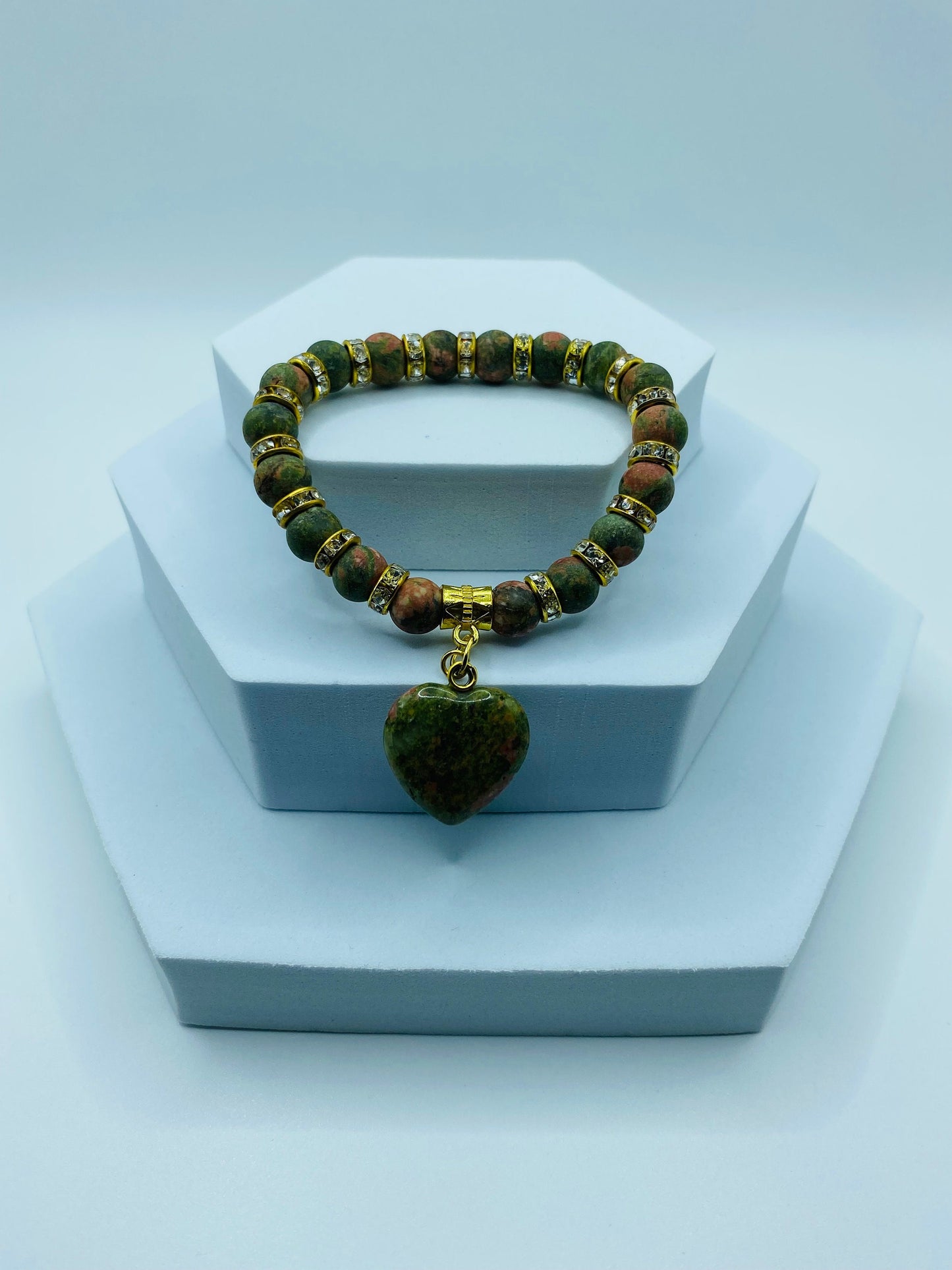Unakite Heart Charm Bracelet: Gemstone Beads, 18k Gold Accents