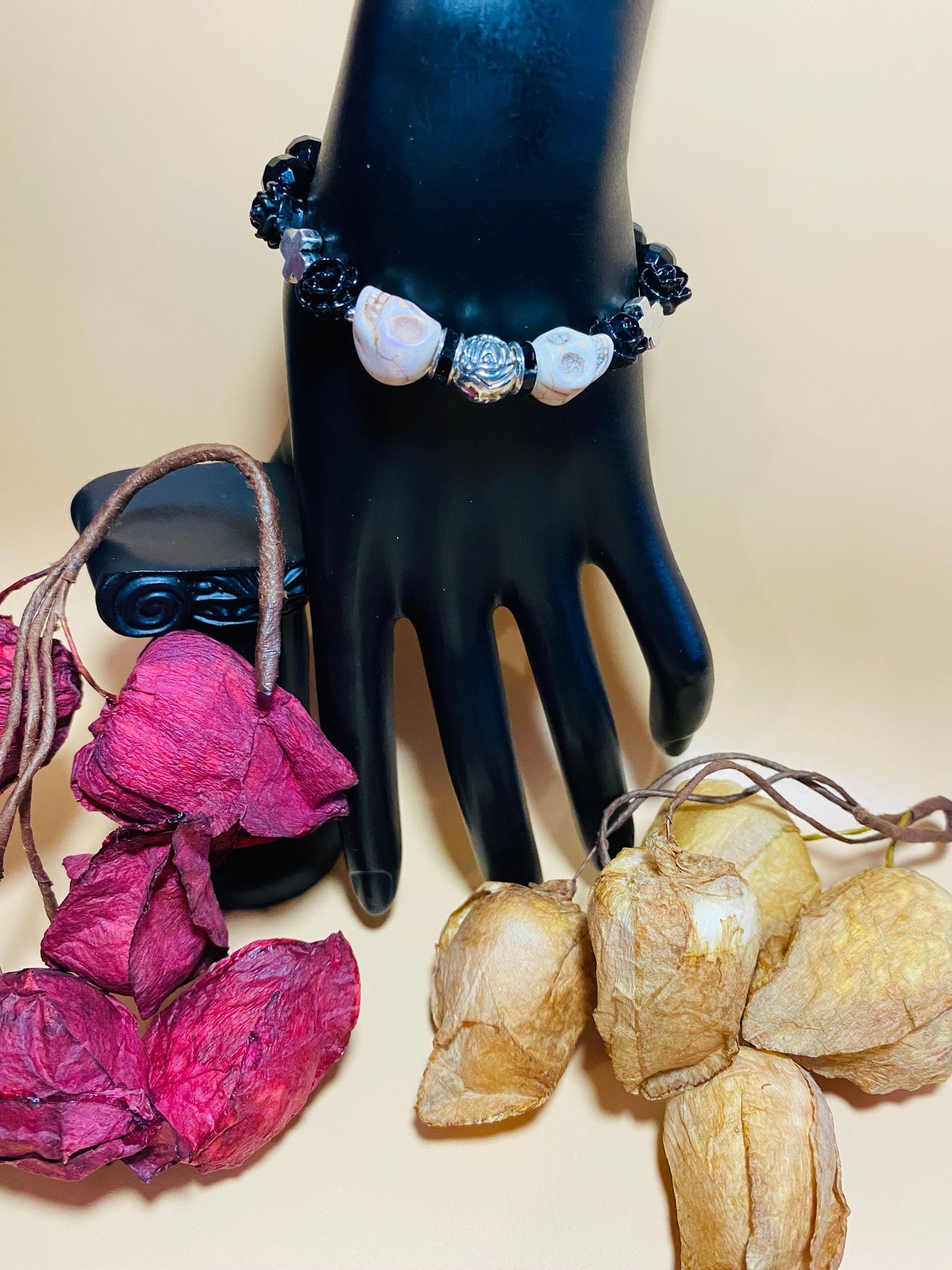 Day of the Dead Black Onyx Bracelet with Skull Beads - Silver Cross Bracelet - Gift for Her - Gift for Him