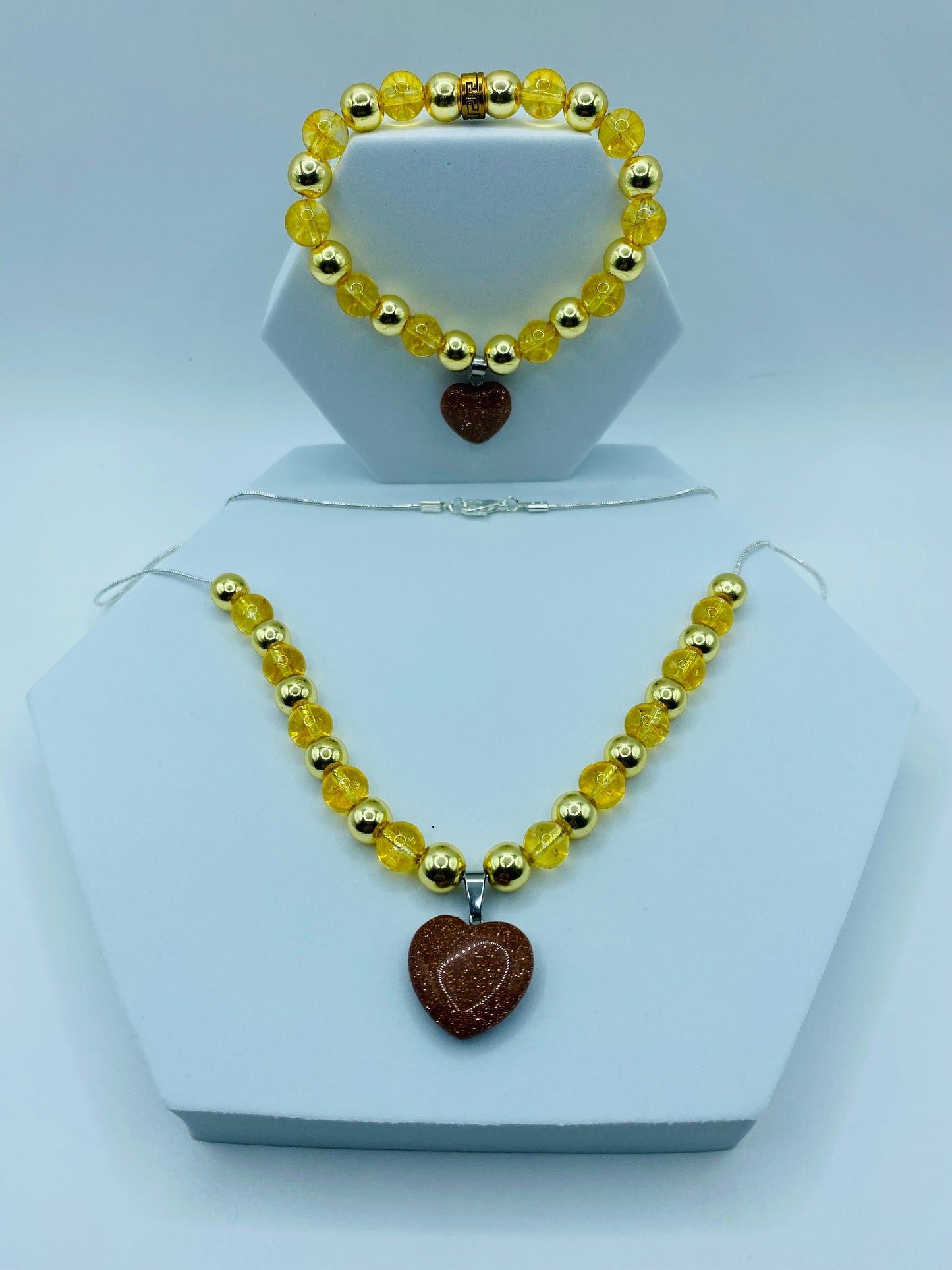 Womens Jewelry Citrine Necklace & Bracelet - Gold Hematite and Goldstone Heart Charms - Gifts for Women
