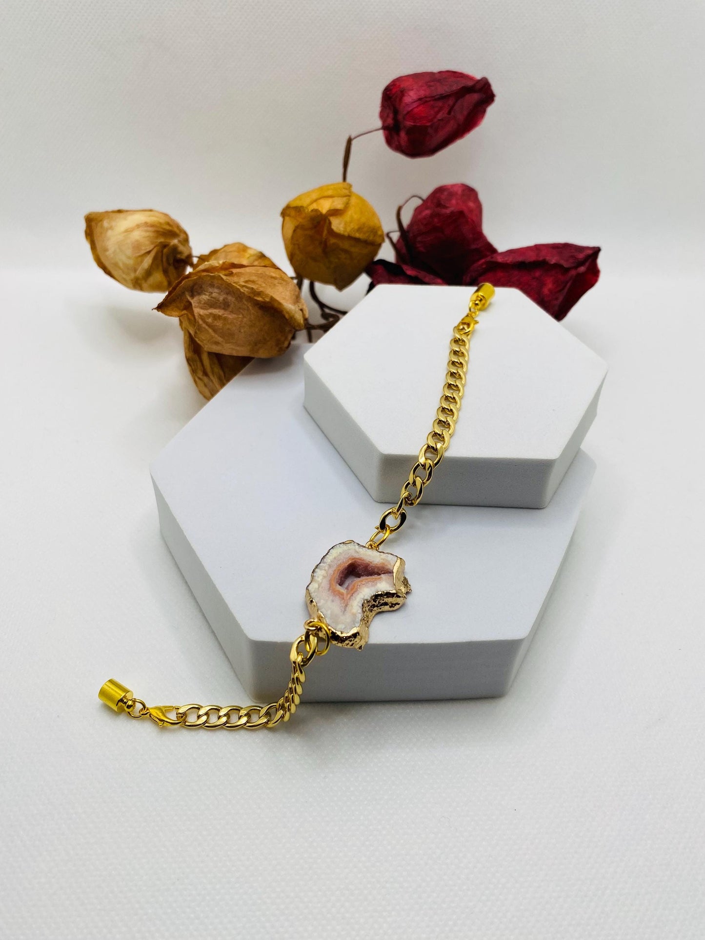 Handmade 18k Gold Cuban Link Bracelet: Geode Agate Gemstone, Magnetic Clasp