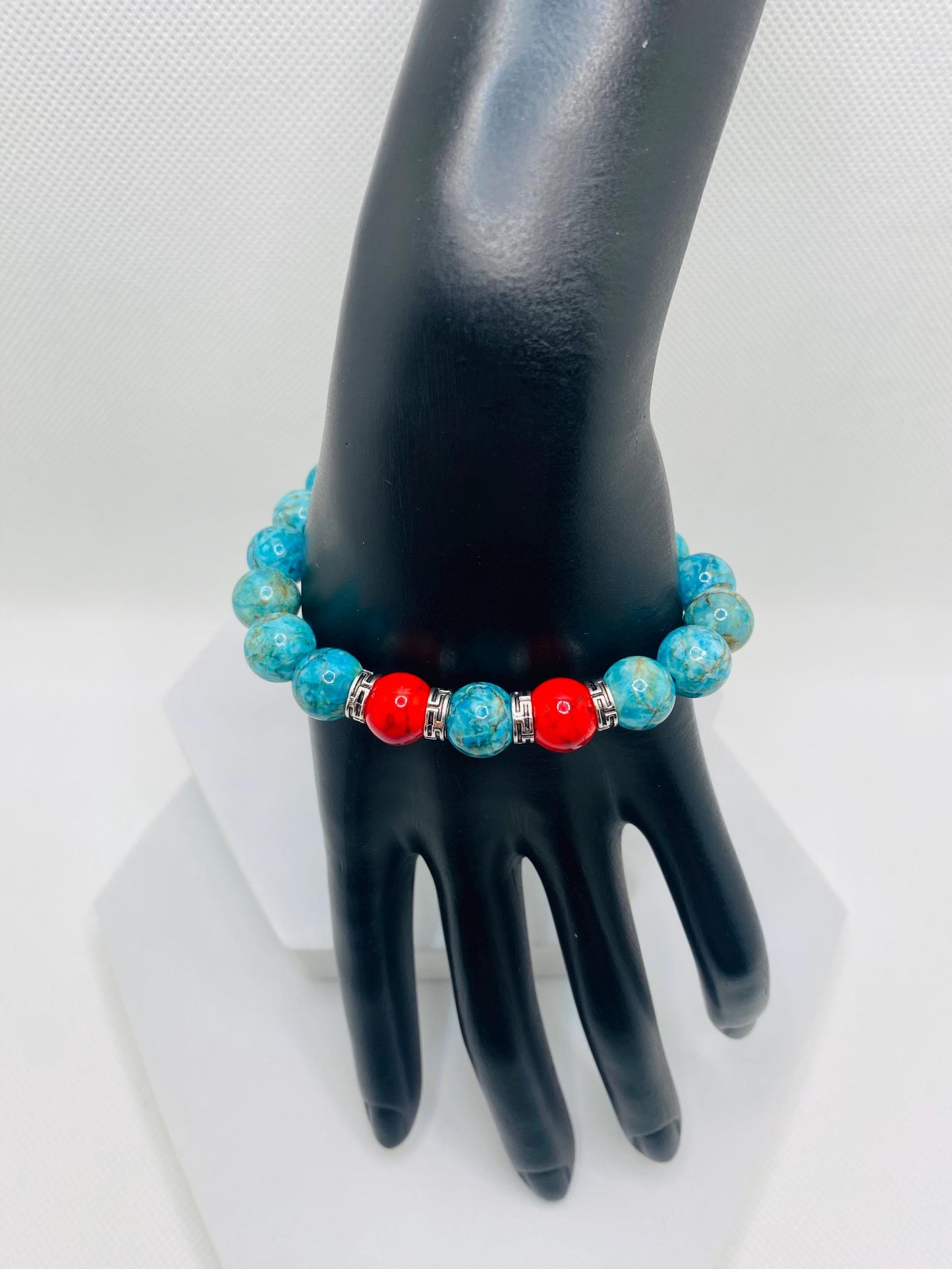 Turquoise & Red Gemstone Bracelet with Tibetan Spacers
