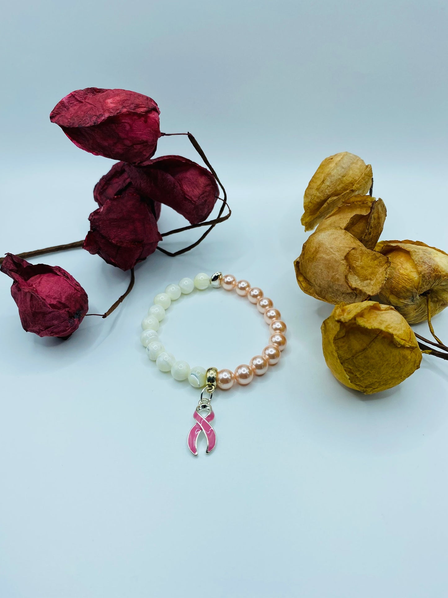 Mother of Pearl Breast Cancer Awareness Bracelet with Pink Ribbon Charm
