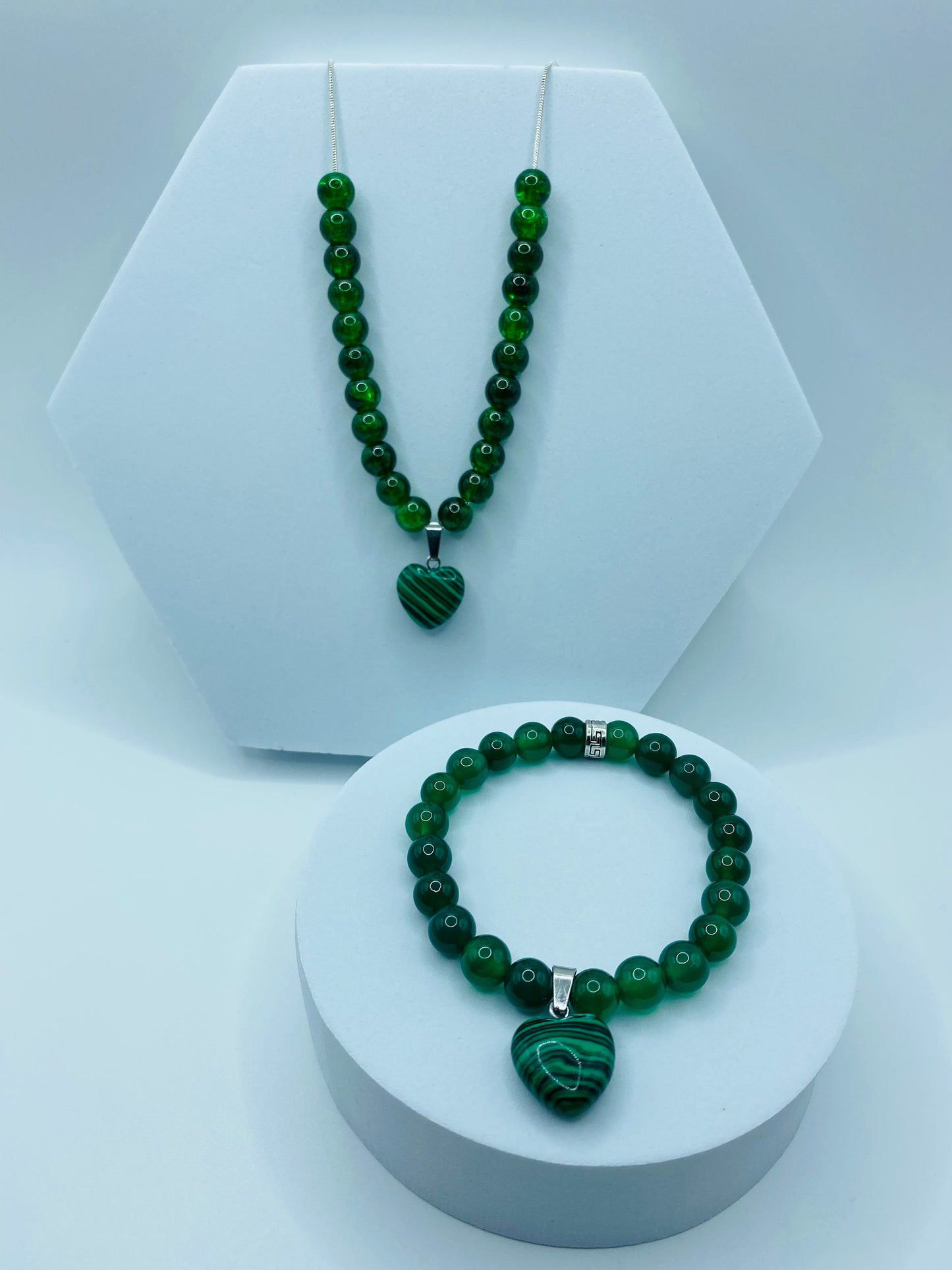 Handmade Lampwork Glass Bead Jewelry Set: Malachite Heart Necklace & Bracelet
