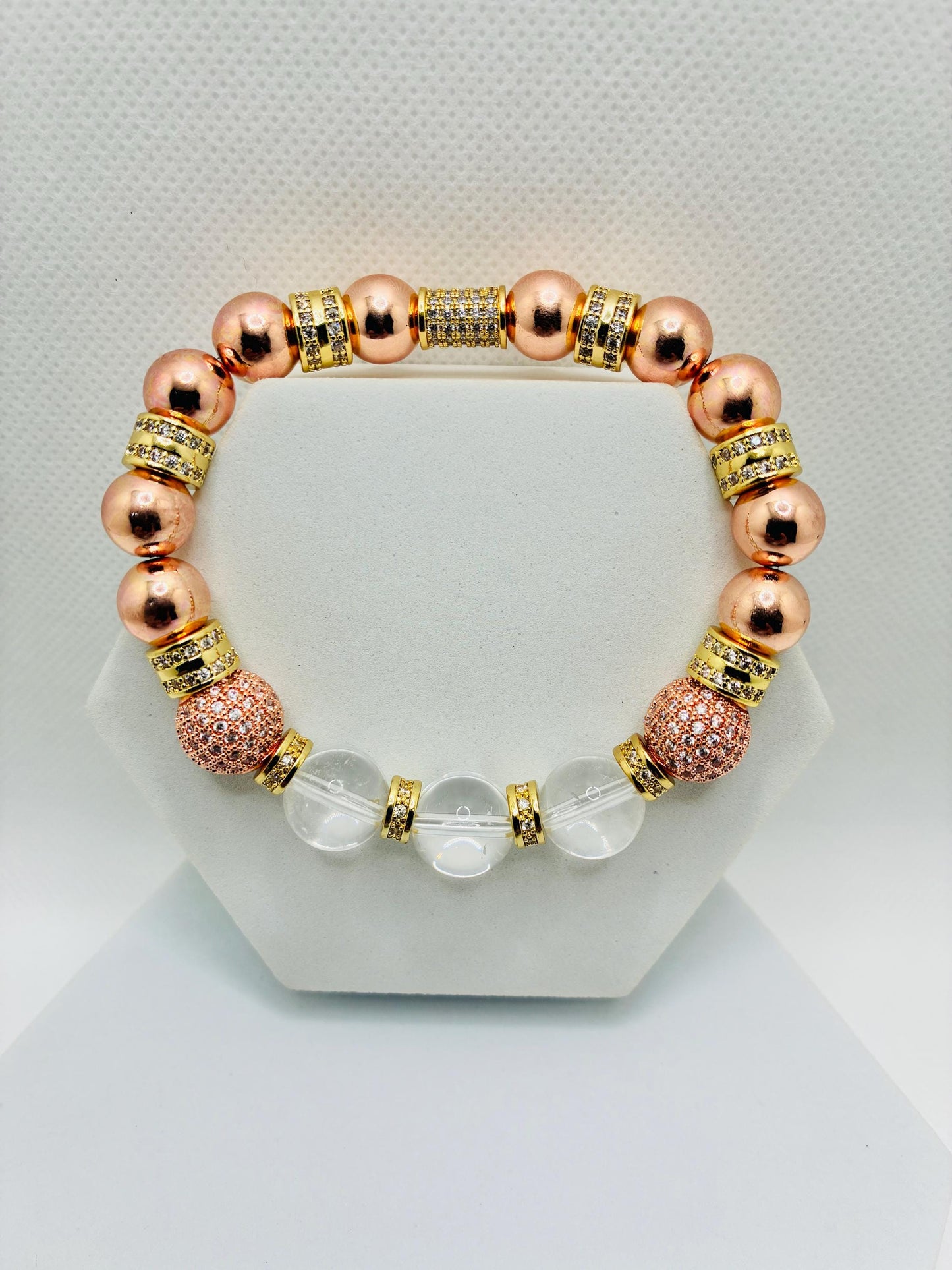 Rose Gold Plated Hematite Bracelet: Clear Quartz & Cubic Zirconia Beads