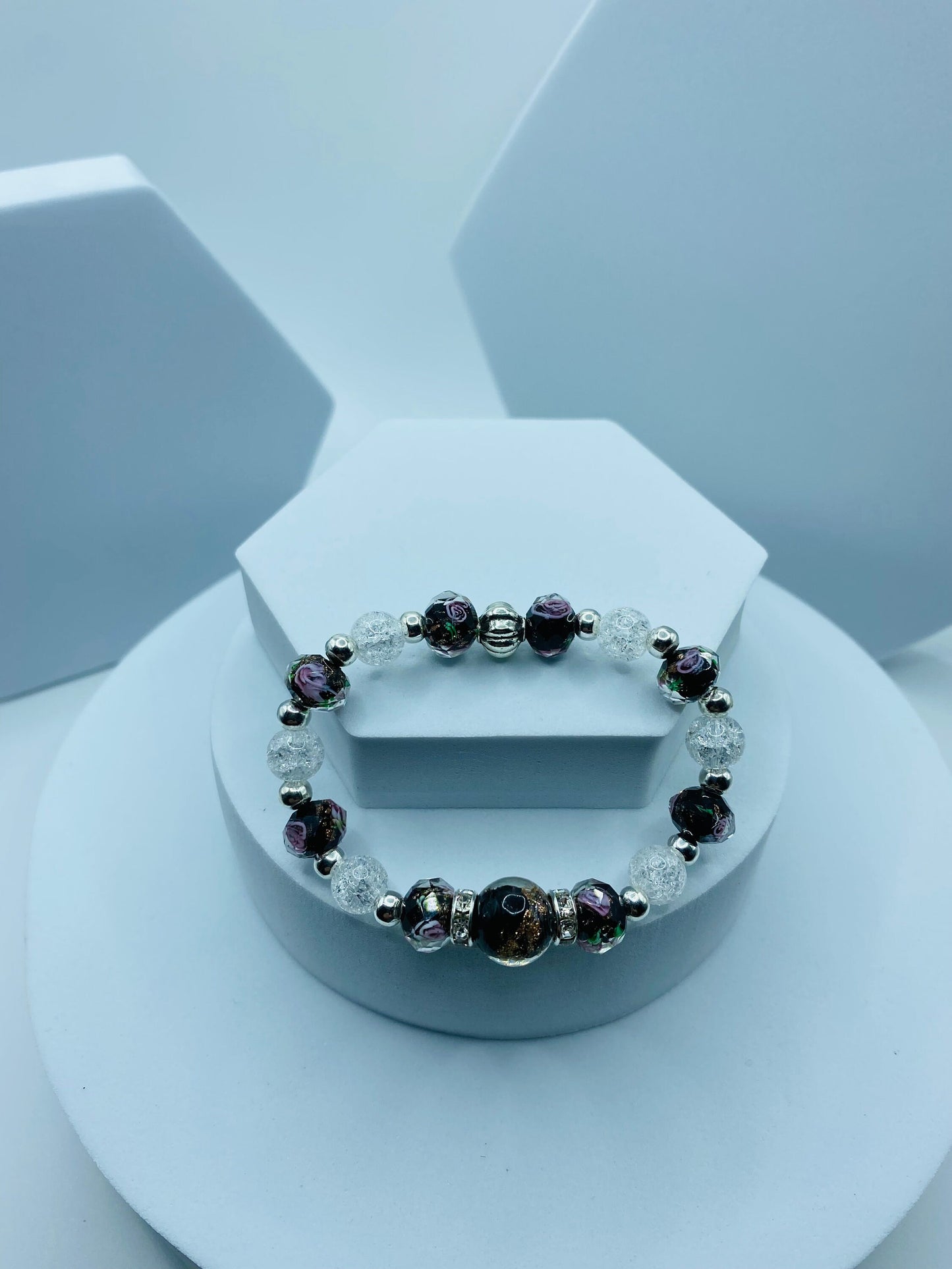 Lampwork Flower Glass Bead Bracelet: Crystal Quartz & Hematite Gemstone