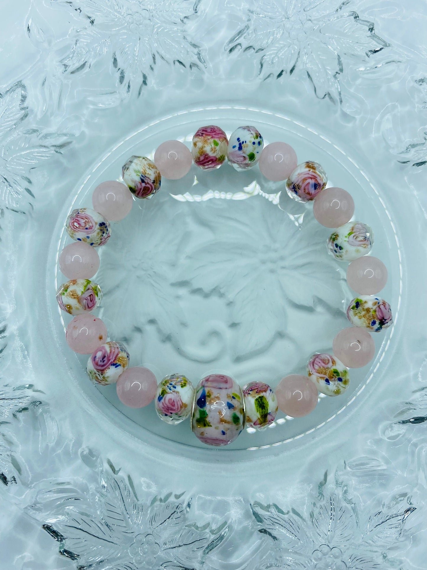 Rose Quartz Bracelet with Lampwork Floral Glass Beads