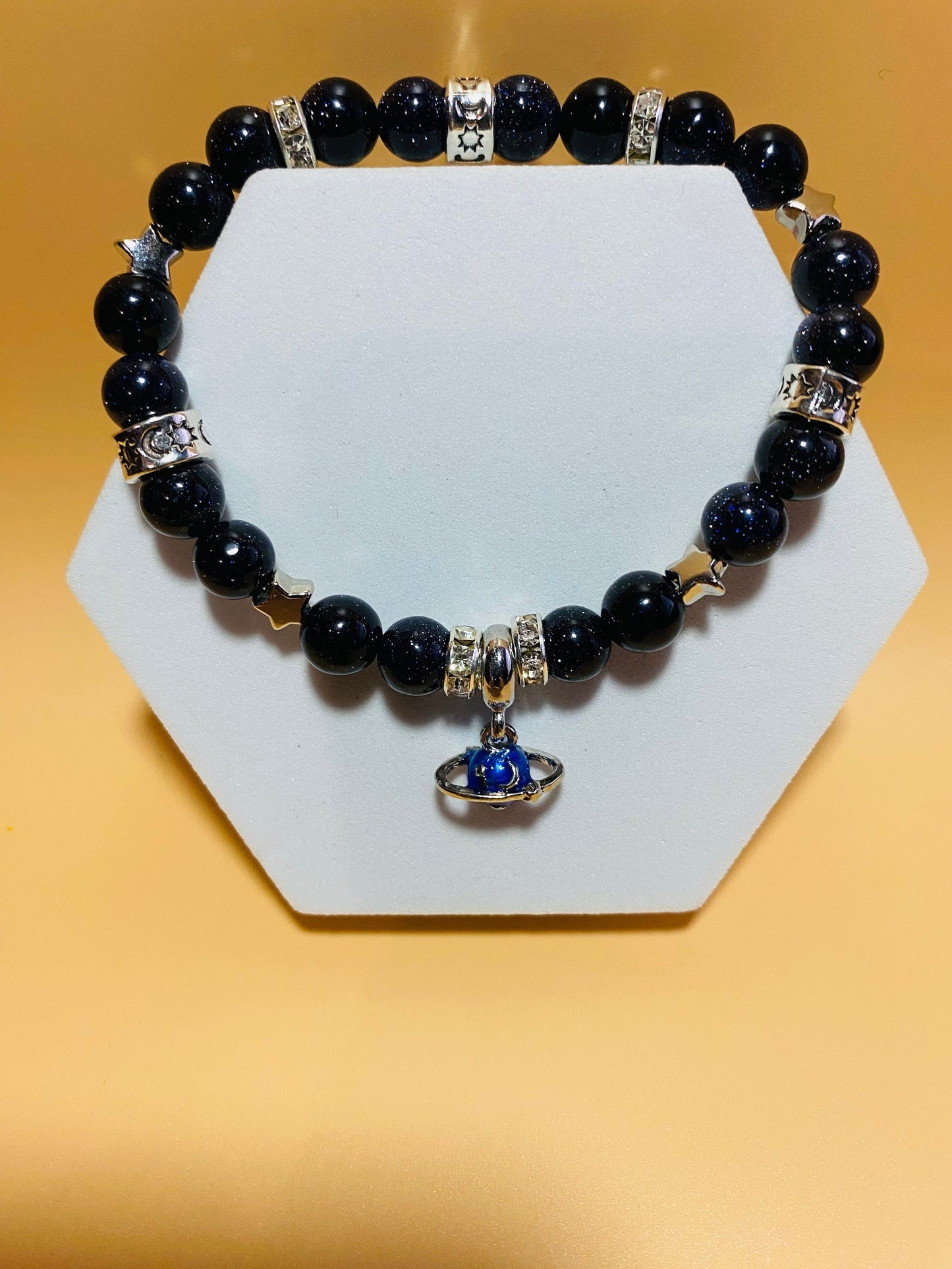 Charm Bracelet, White Gold Bracelet with Saturn Celestial Jewelry, Blue Sandstone Gemstone Beads